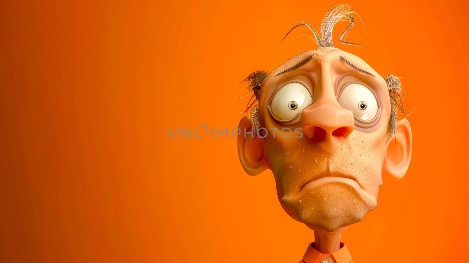 Sad cartoon man with a worried expression on an orange background, showing emotions of stress, fear, and despair
