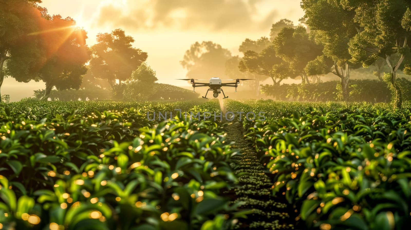 Drone is spraying water or fertilizer on a tea plantation at sunrise. This image evokes concepts such as innovation in agriculture, the use of technology in agriculture, and sustainable farming