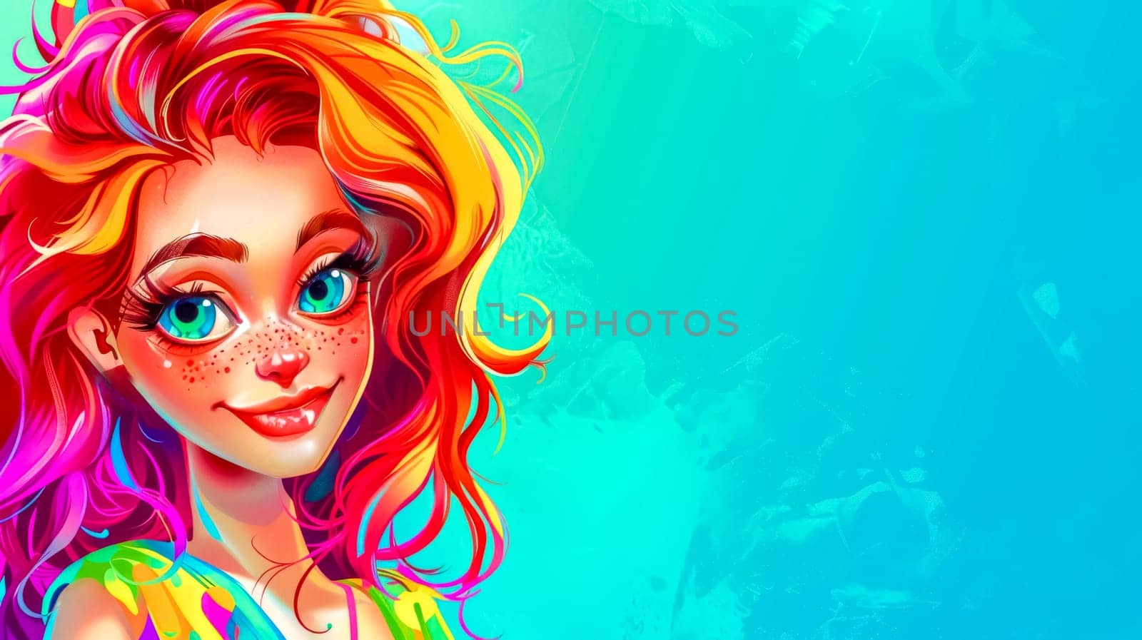 Illustration of a young woman with colorful hair and freckles, smiling on a vibrant turquoise background with copy space