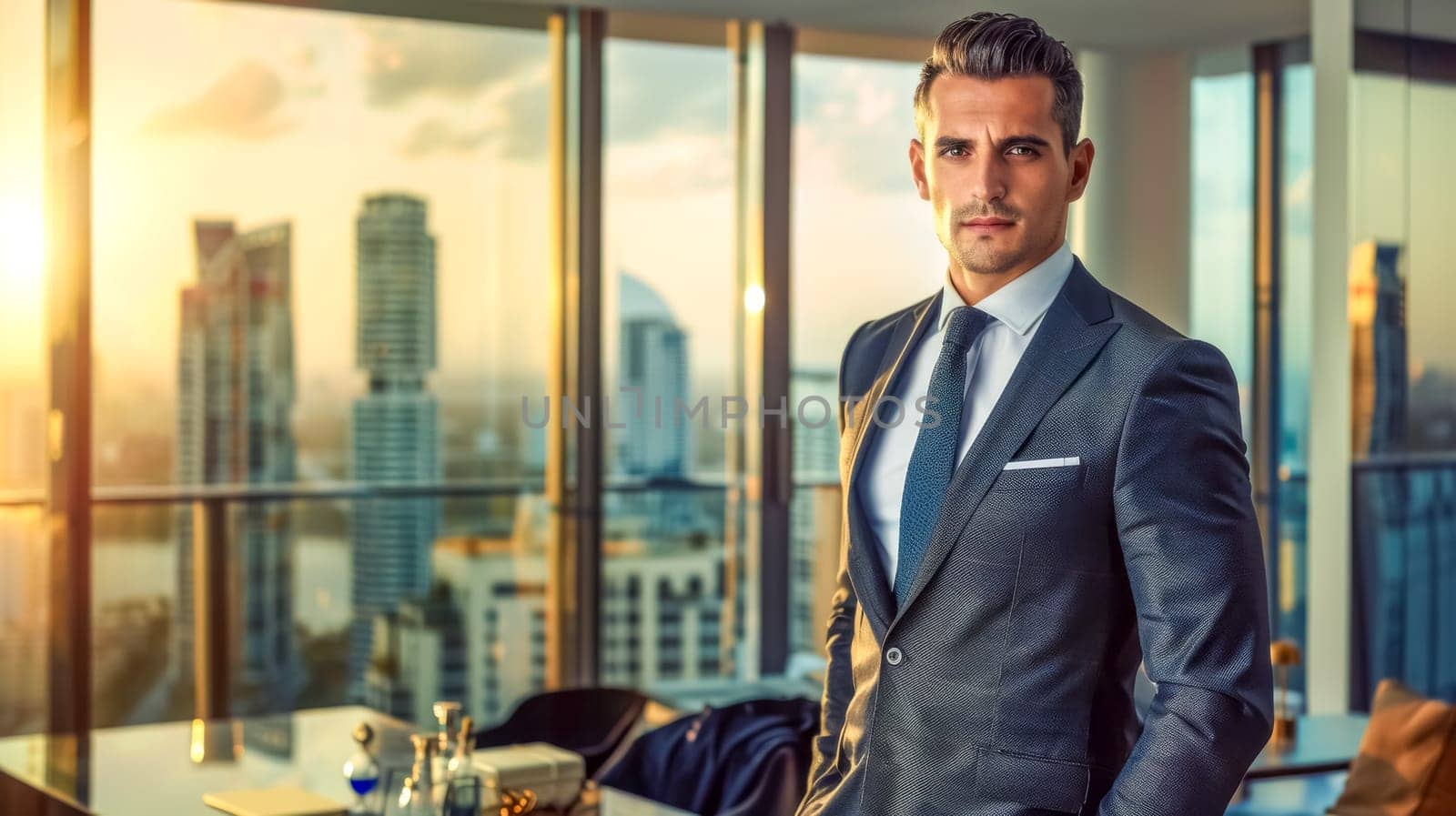 Confident businessman in stylish suit stands in modern office with city view at sunset, exuding professionalism and ambition. Ready to take on challenges
