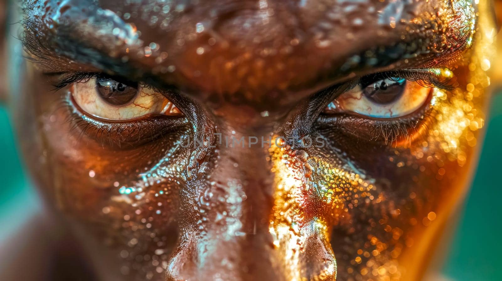 Male athlete with sweat and glittering face paint is expressing intense concentration. The image highlights the dedication and focus required for athletic success