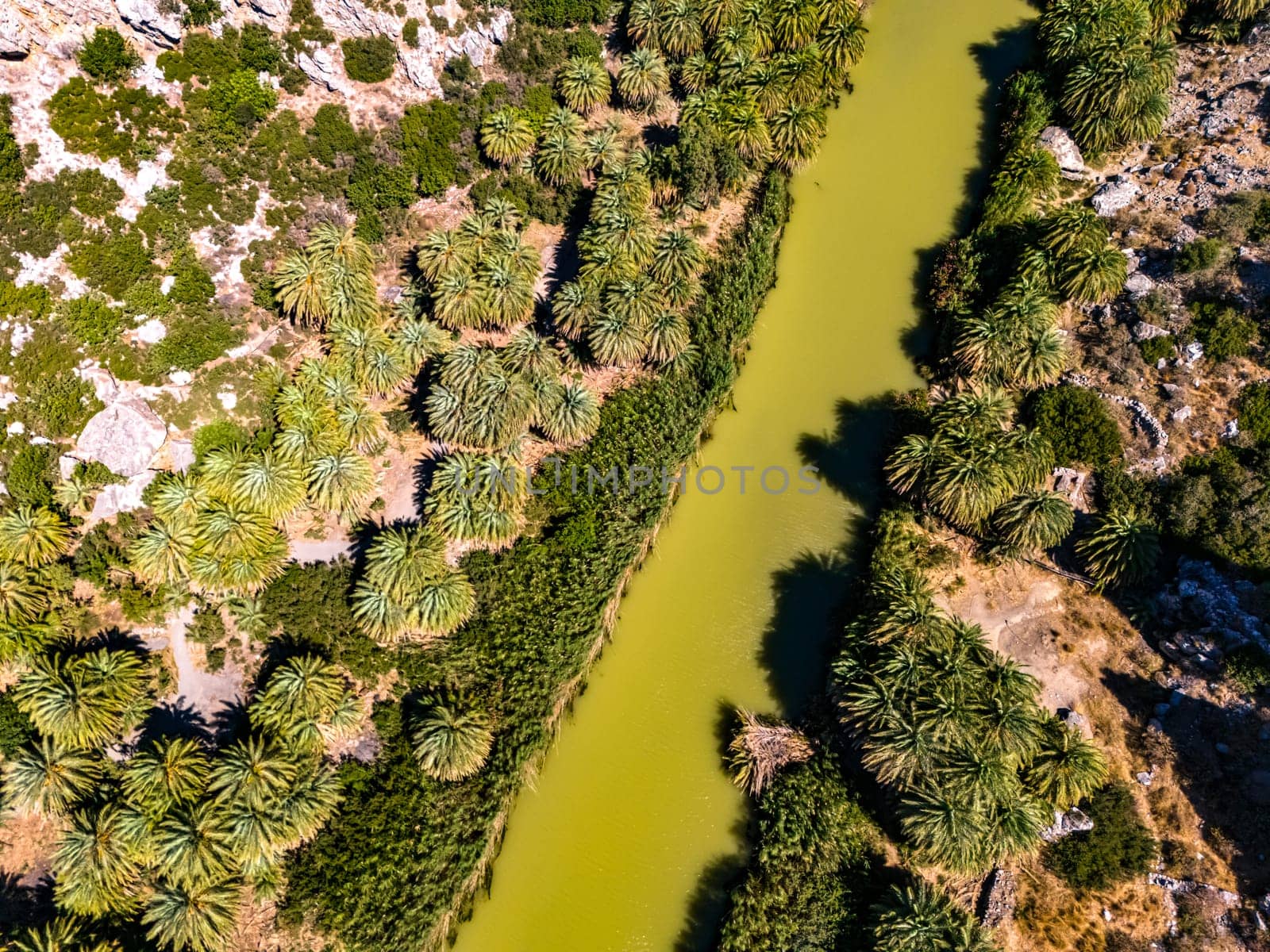 Aerial view of Preveli Beach in the municipality of Agios Vasilios in the region of Rethymno, Crete, Greece