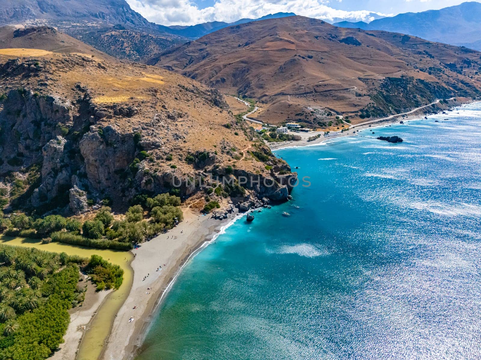 Aerial view of Preveli Beach in the municipality of Agios Vasilios in the region of Rethymno, Crete, Greece