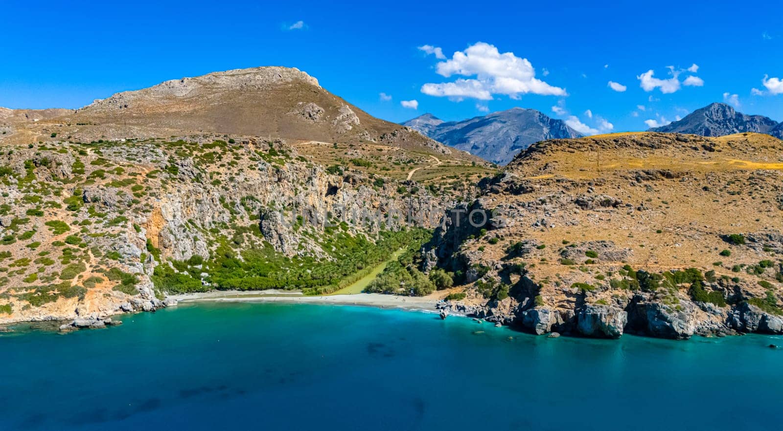 Aerial view of Preveli Beach in the municipality of Agios Vasilios in the region of Rethymno, Crete, Greece