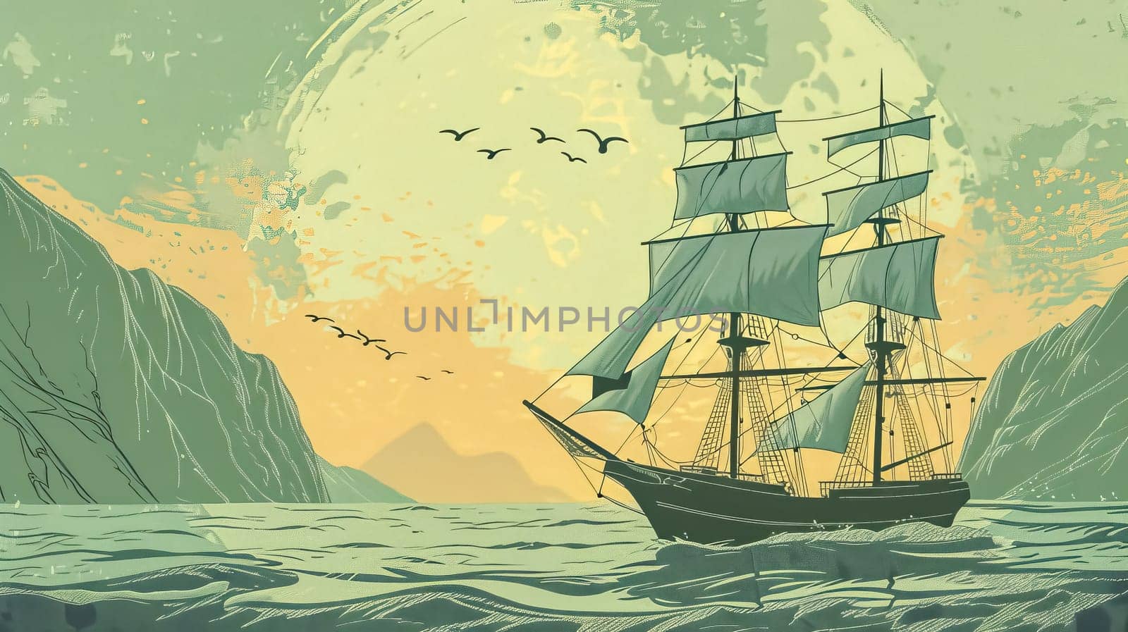 Large sailing ship with multiple sails is sailing on calm waters near some mountains. The sun is setting in the background, casting a warm glow over the scene