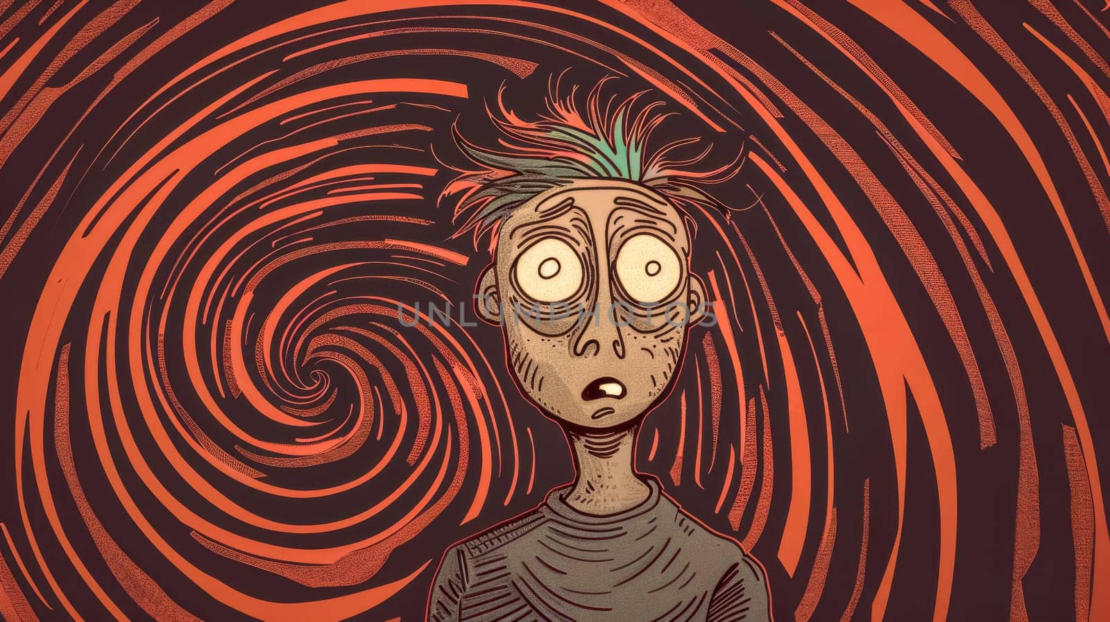 Man feeling anxious with tunnel vision, overwhelmed by stress and fear, isolated in darkness, consumed by swirling red emotions