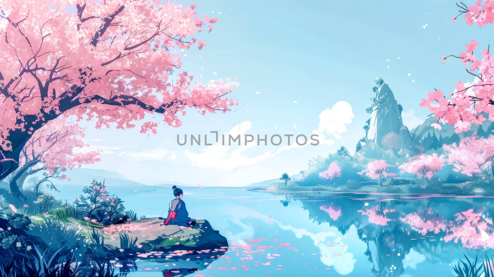 Woman is meditating on a rock by a lake, surrounded by blooming cherry trees, enjoying the peace and beauty of nature