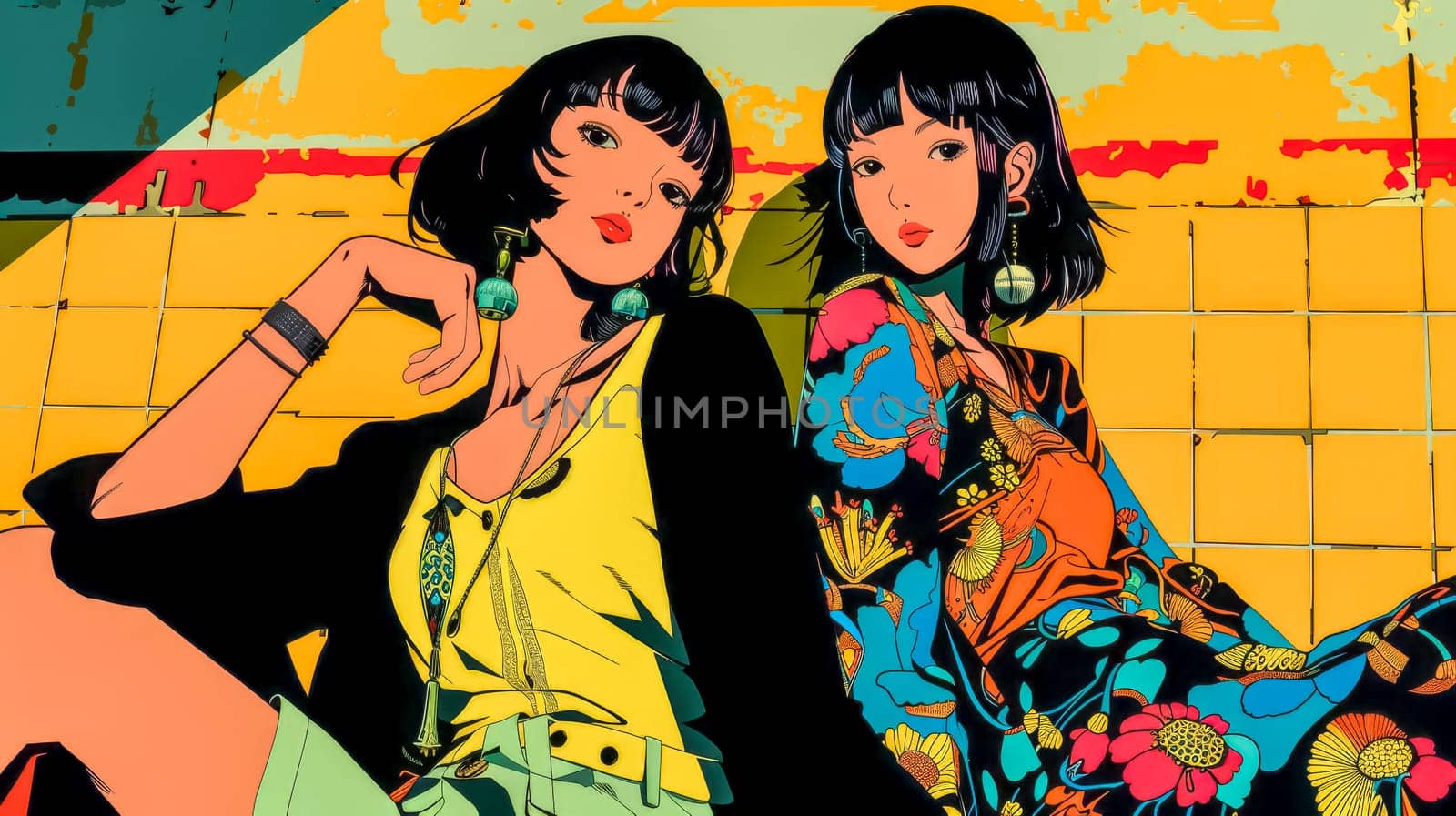 Illustration of two stylish young women hanging out in a vibrant location, showcasing bold colors and a retro aesthetic