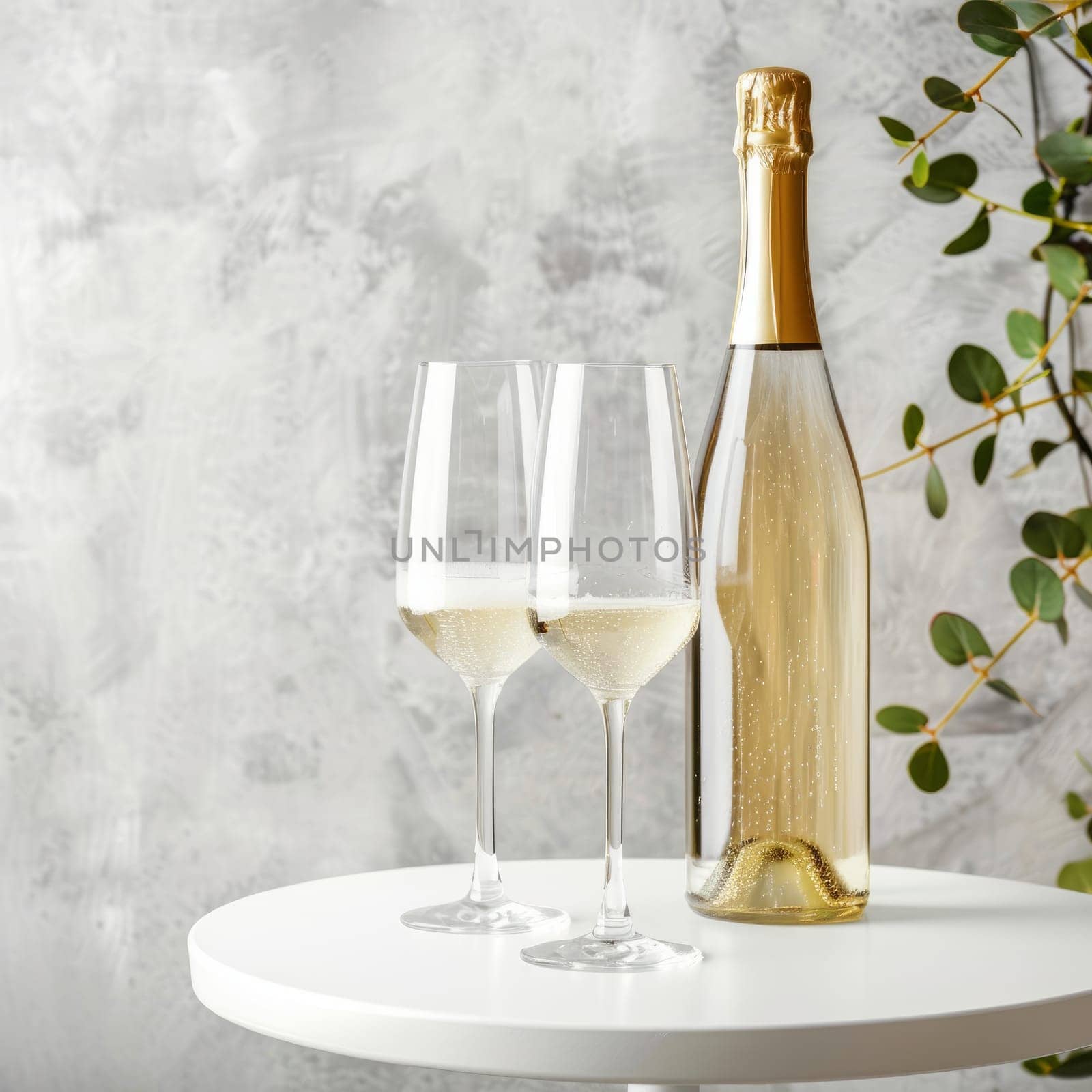 Elegant champagne celebration with two flutes and bottle on white table