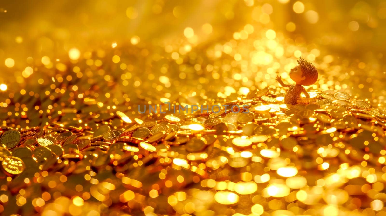 Golden boy figurine with a crown stands on shiny coins, surrounded by warm bokeh. Celebrate wealth, success, and joy with this festive image