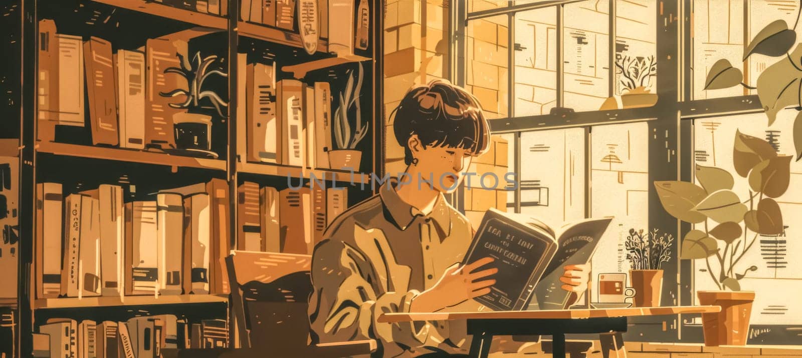 Young man reading a book in his cozy urban apartment filled with plants on a sunny day, creating a peaceful atmosphere