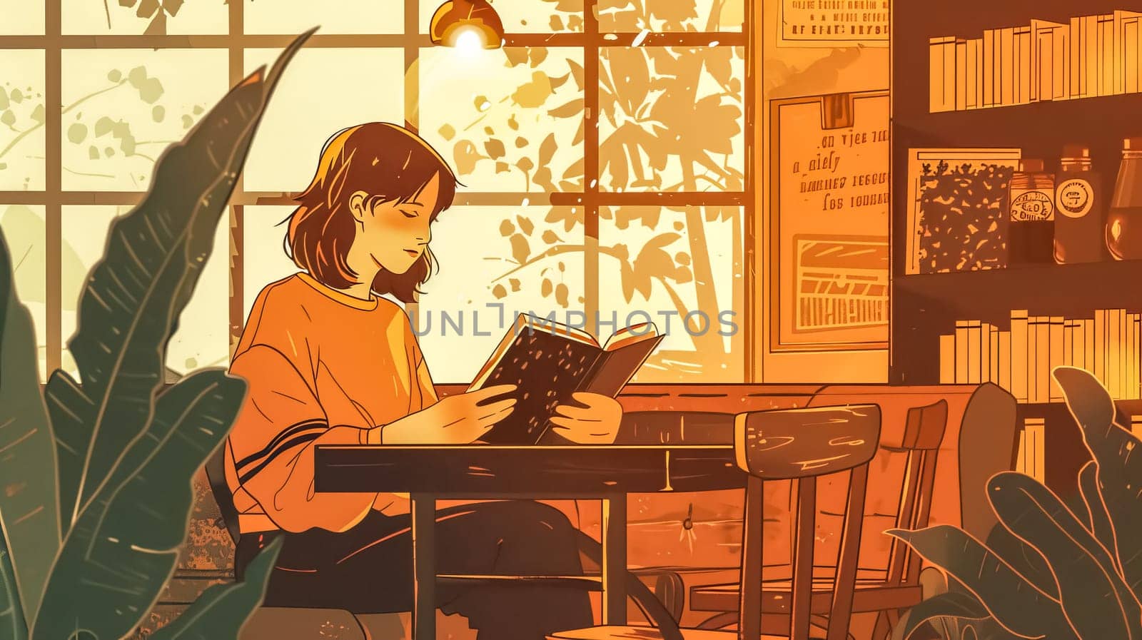 Young woman is sitting at a table in a coffee shop, bathed in warm sunlight, enjoying a captivating book as the day winds down