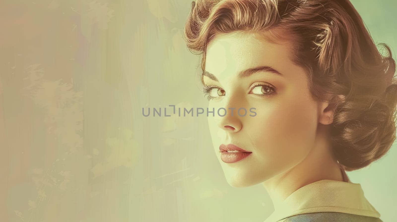 Young woman exudes timeless elegance in a 1940s-inspired look, gazing over her shoulder in a stunning blue vintage dress