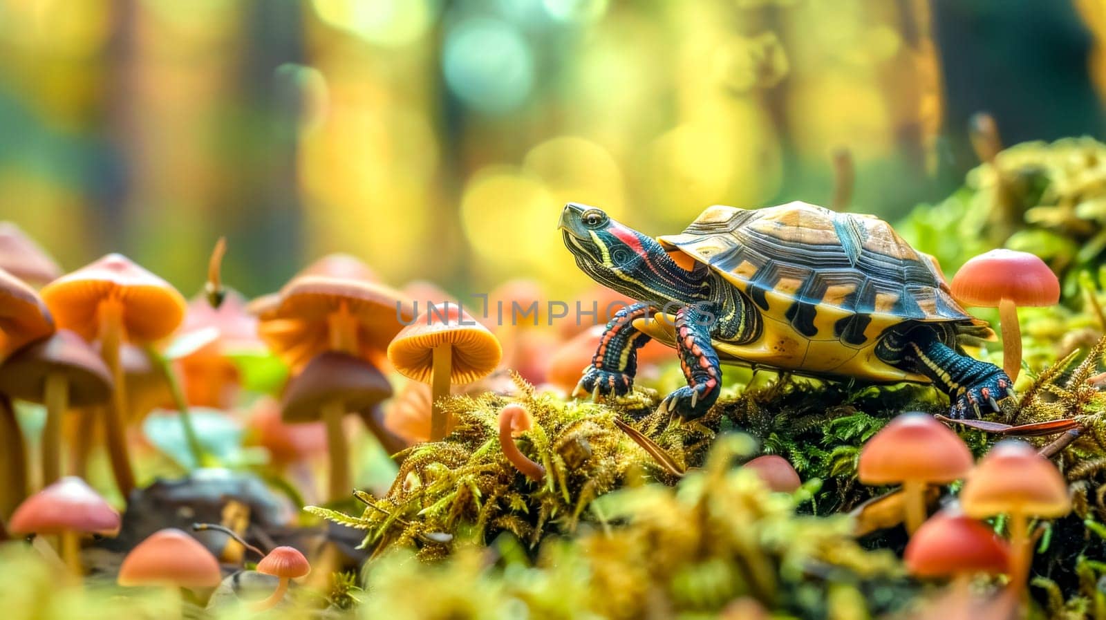 Majestic turtle strolling through a colorful forest floor with mushrooms, moss, and sunlight filtering through the trees