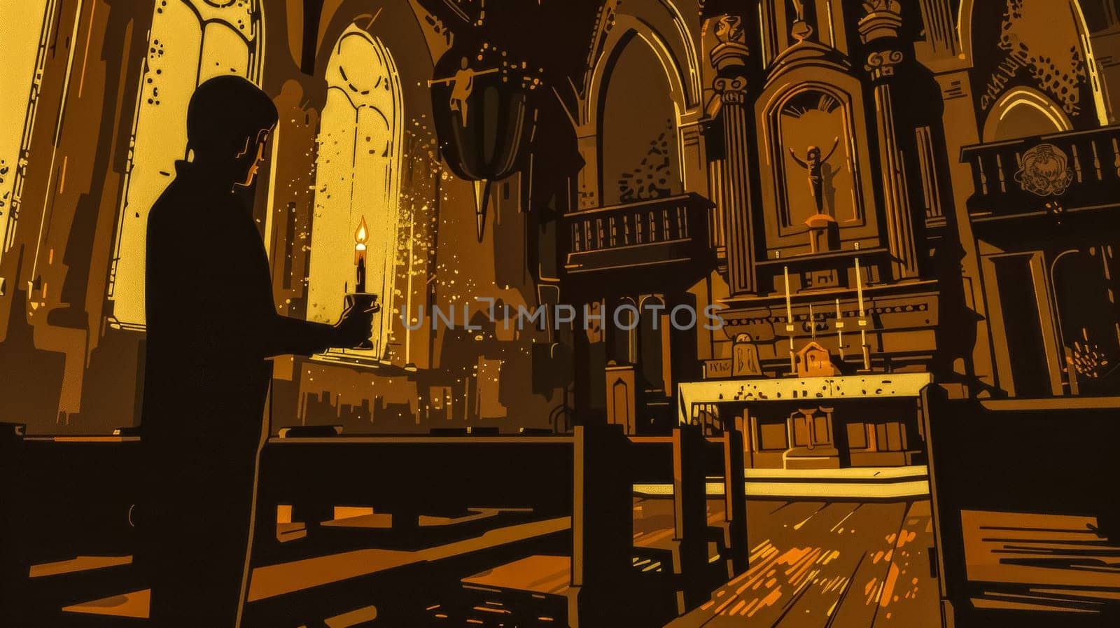 Man praying in a church, holding a candle, surrounded by golden light and stained glass windows