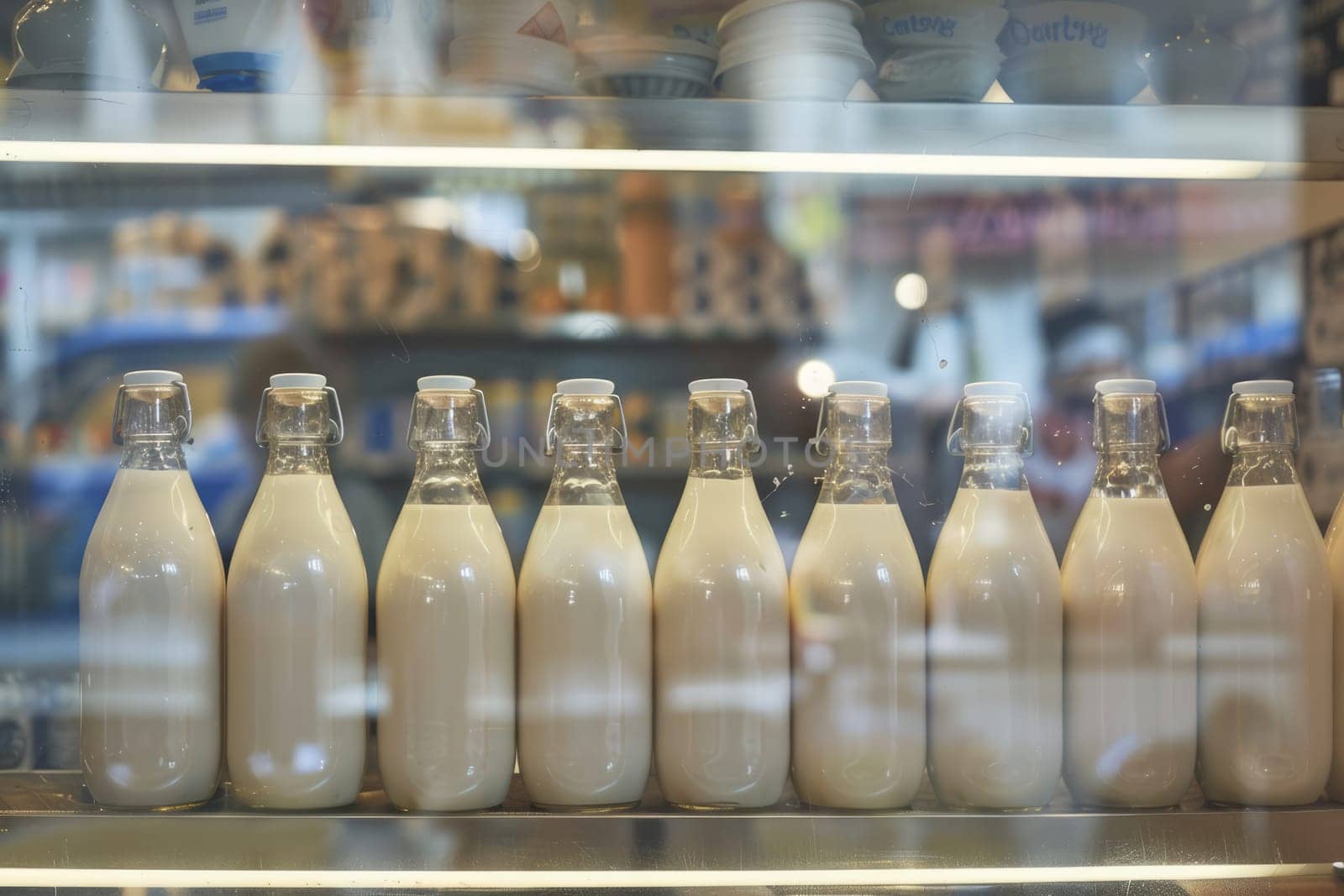 Glass milk bottles in store window, reflecting urban scene, nostalgic ambiance