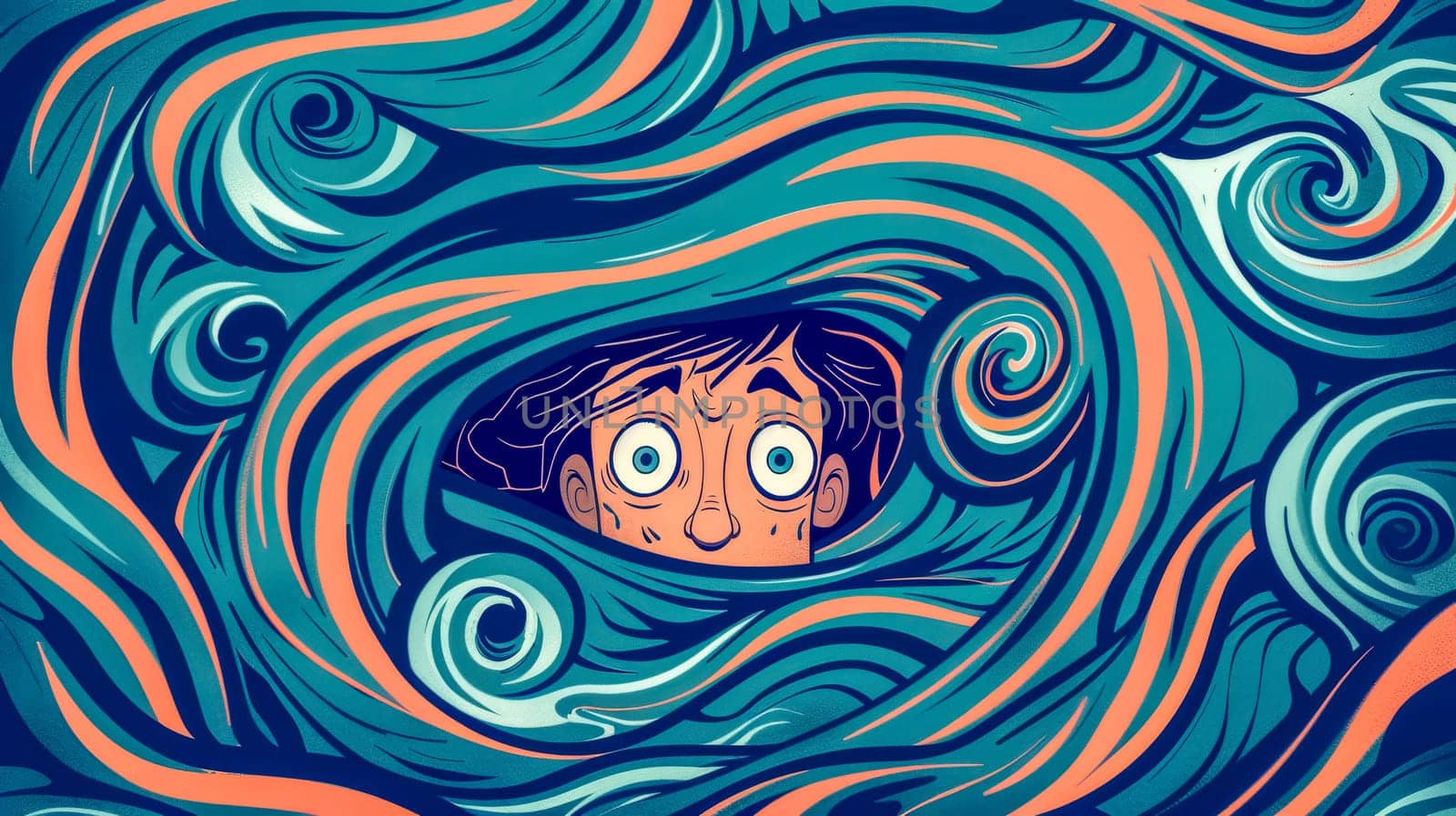 Man drowning in swirling water symbolizes anxiety and stress, capturing intense emotions of fear, worry, and panic. Vivid colors highlight despair and the struggle of mental health issues