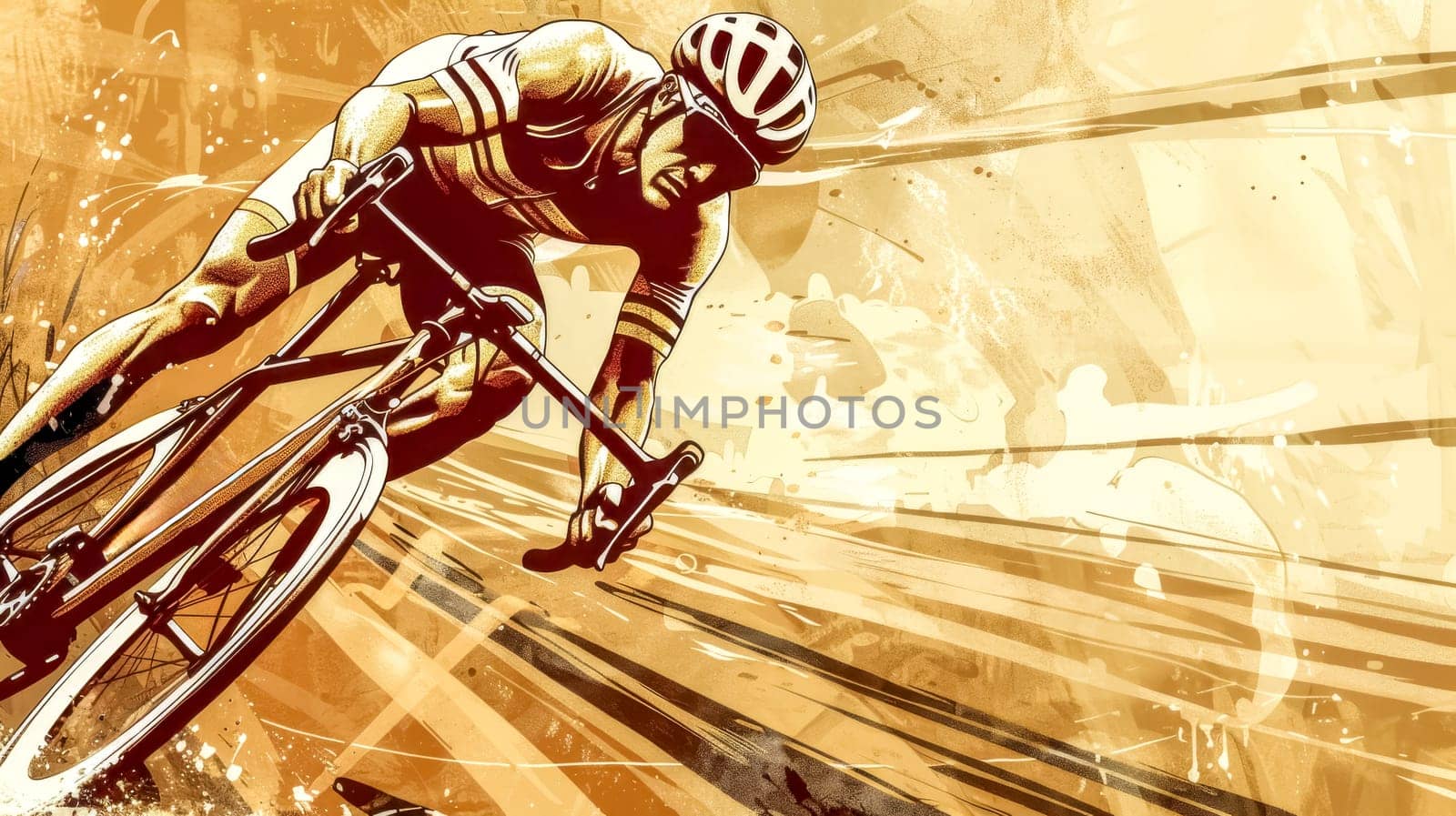 Professional cyclist races down the road on his bicycle, showcasing determination and strength in competition