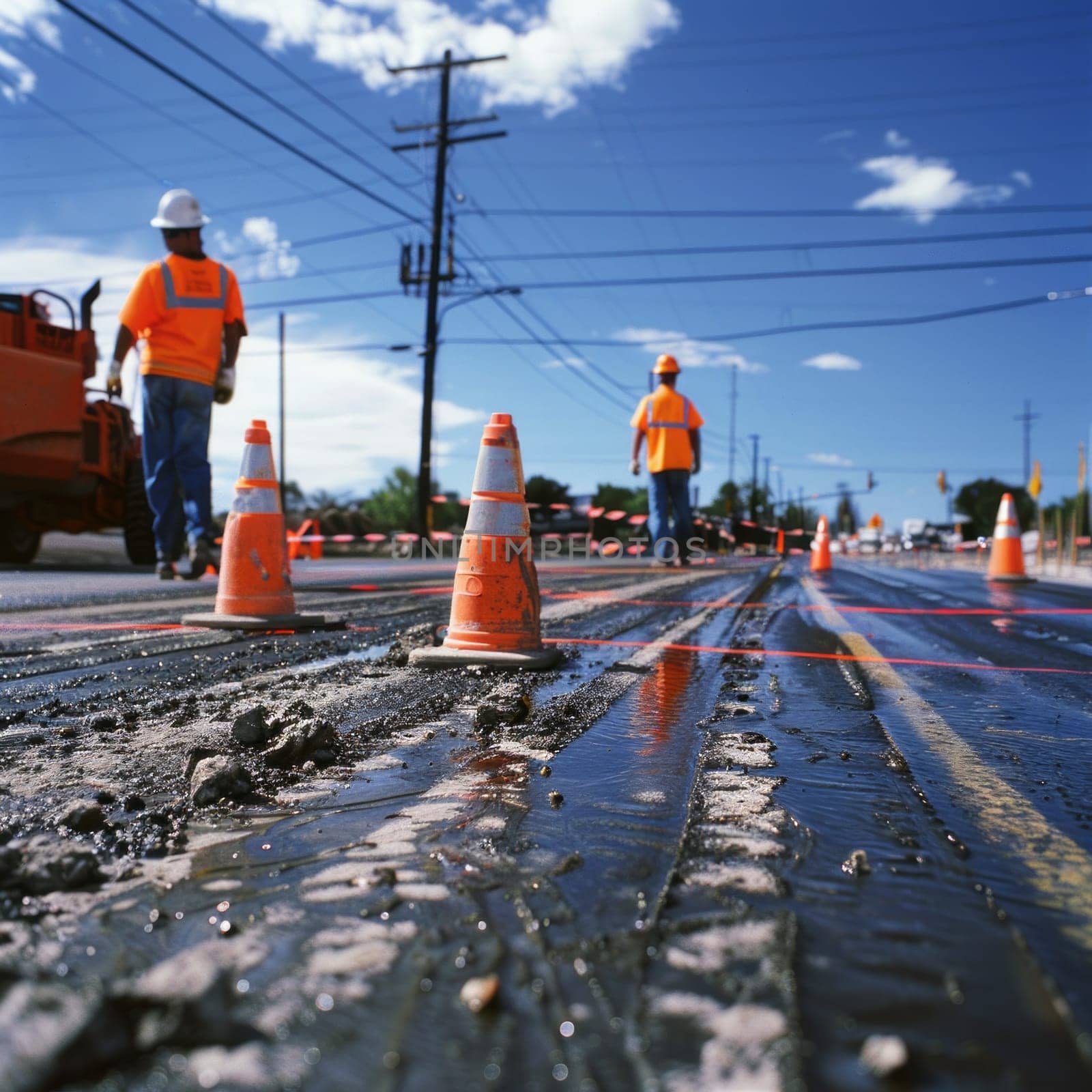 Low-angle view of road construction with workers, orange cones, and machinery under a clear blue sky
