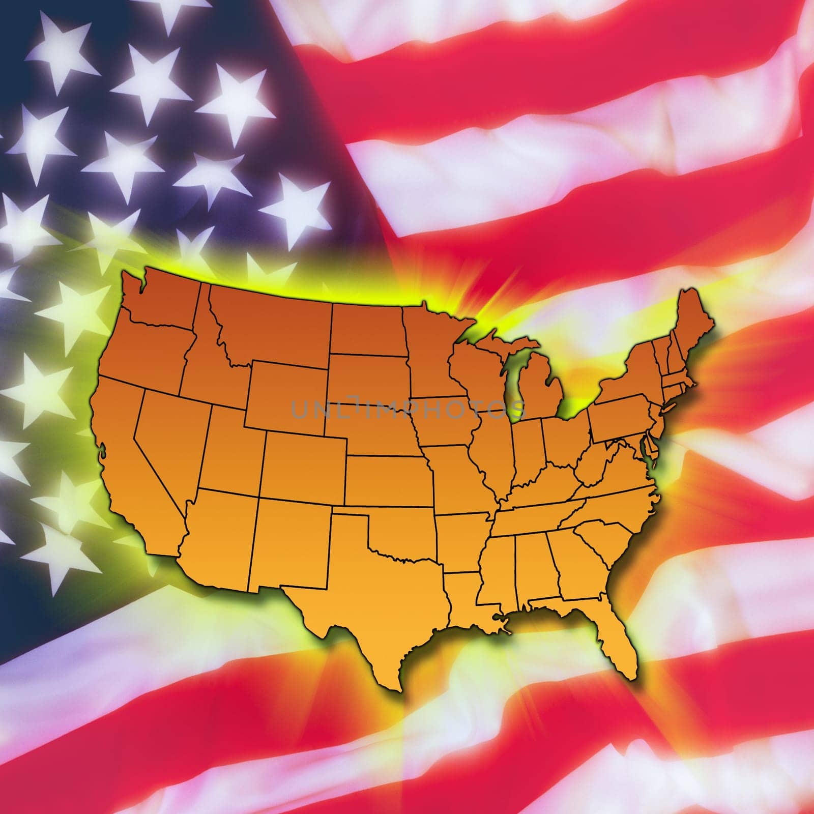 Map of the mainland of the United States of America and the American flag