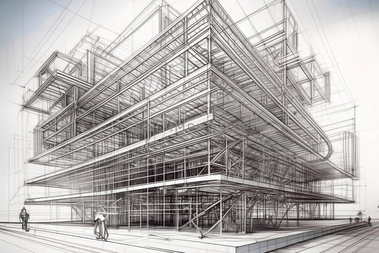 Wireframe of building. sketch design. Digital project visualization.
