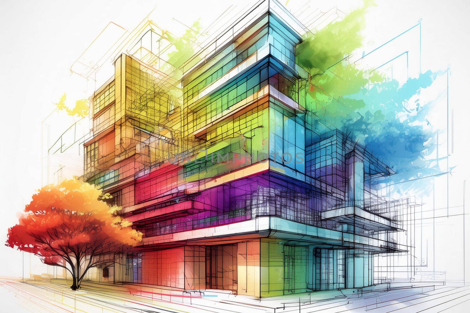 Wireframe of building. sketch design. Digital project visualization.