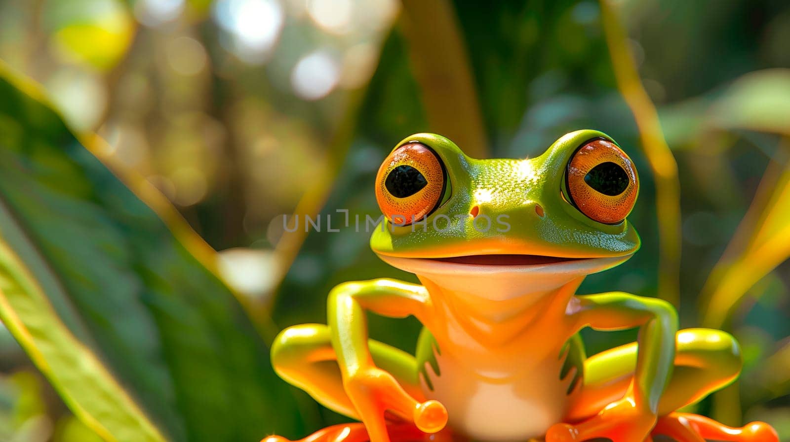 Green exotic tropical frog, close-up view. AI generated