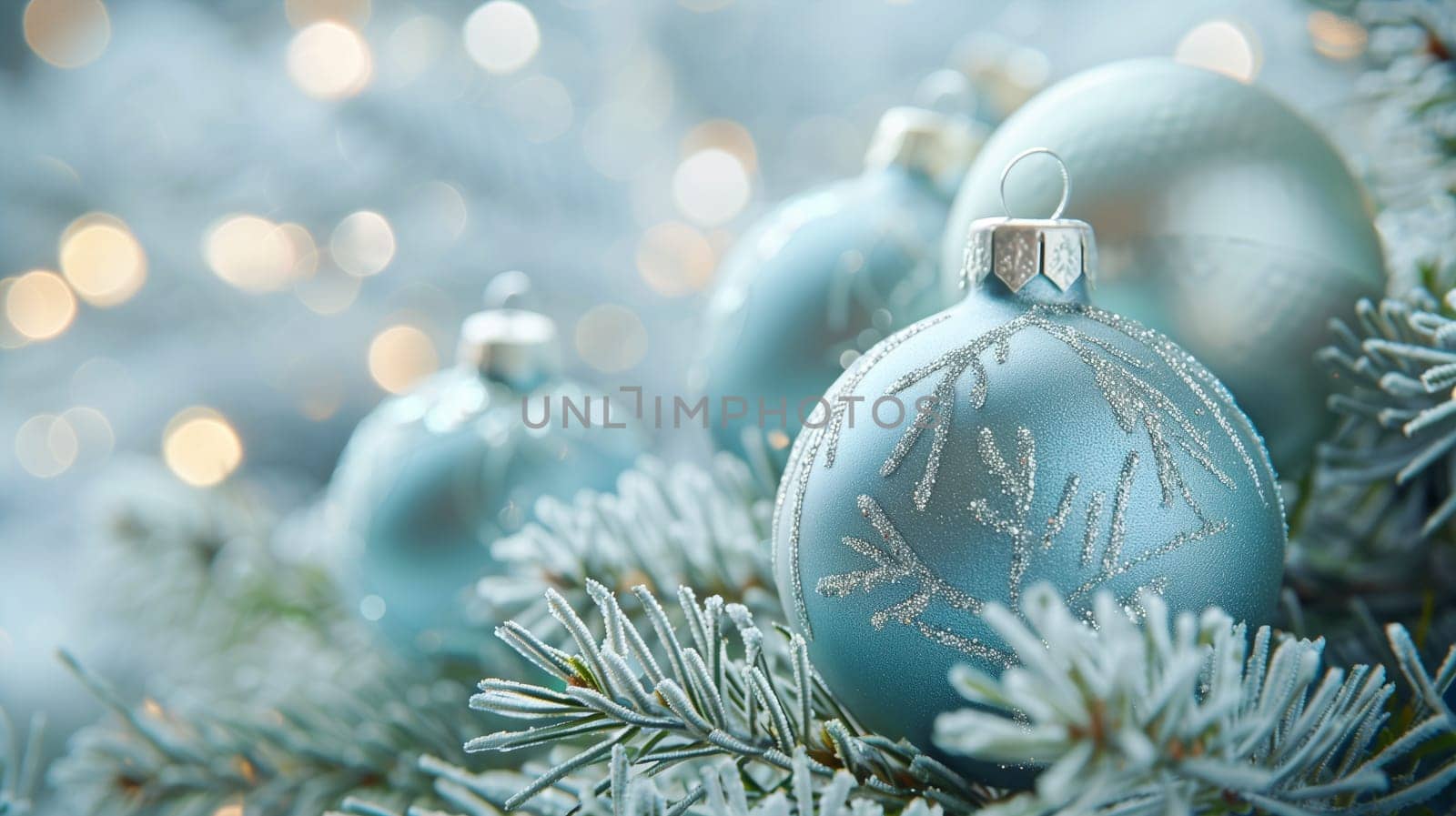 Blue christmas baubles on a fir branch, bokeh fairy light, banner, background or greeting card, winter season