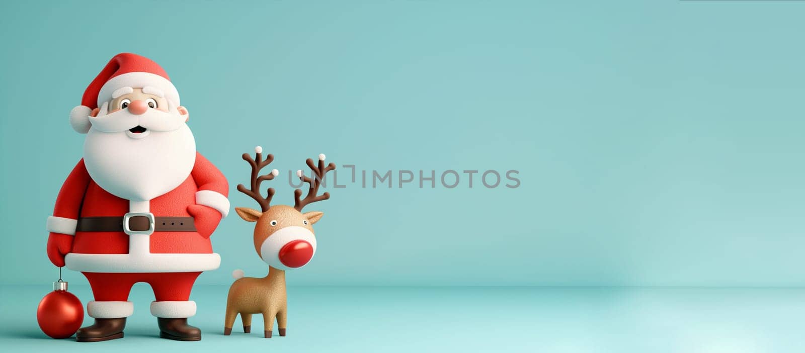 Happy smiling Santa Claus holding with baby reindeer, winter holiday season, christmas greeting card, blue background