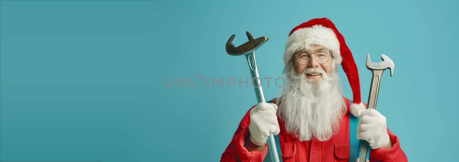Santa Claus holding pliers tool, working as a handyman or craftsman, winter holiday season, christmas greeting card, blue background