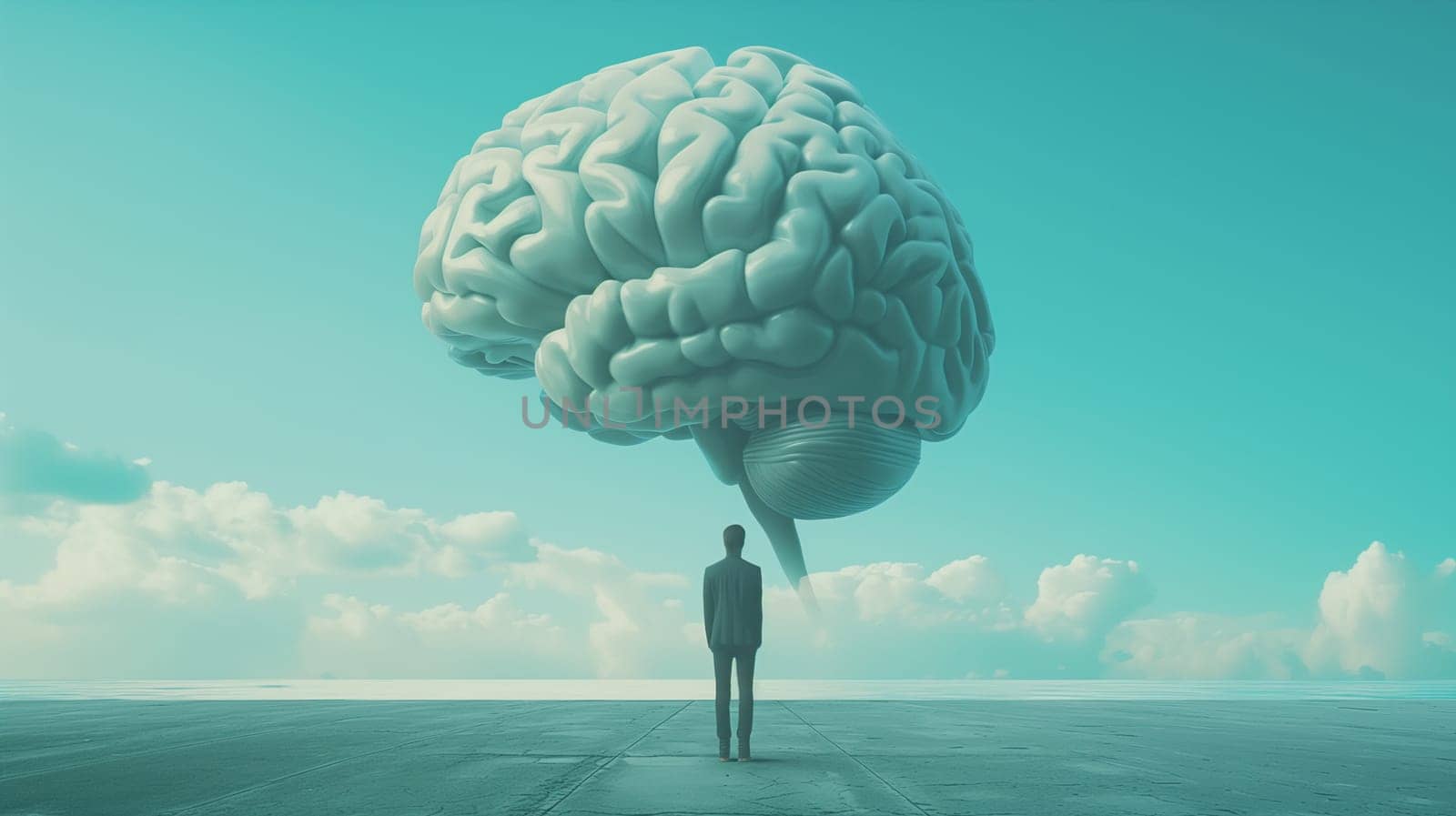 Man stands in front of a huge brain, connect to artificial intelligience, explosion of ideas, brainstorming for solutions, discovery, innovation and creativity