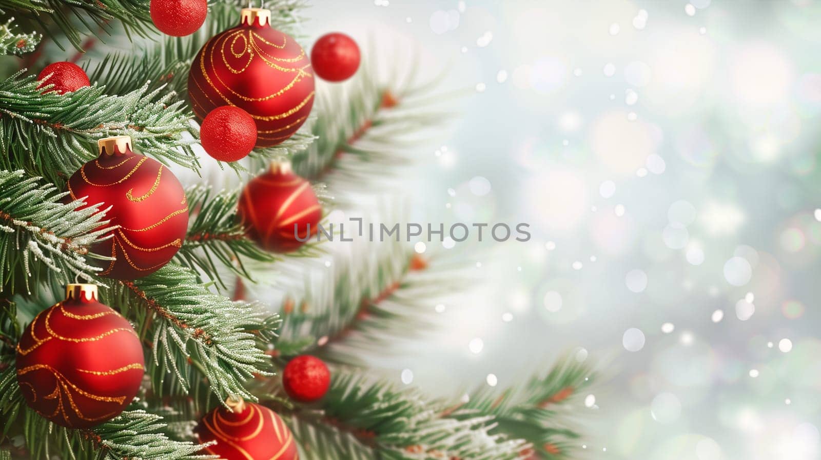 Red christmas baubles on a fir branch, bokeh fairy light, banner, background or greeting card, winter season
