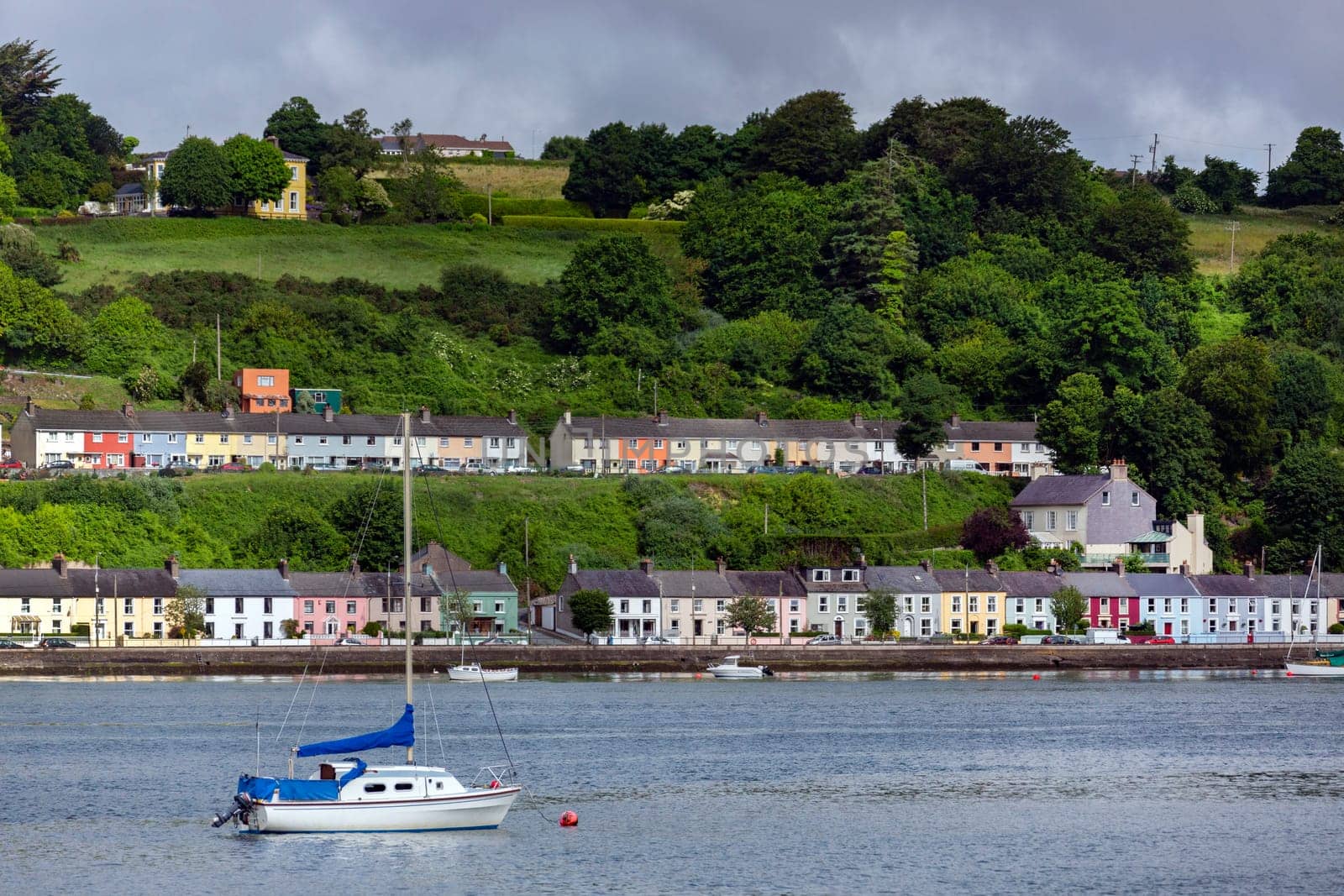 Houses along the river estuary near Cobh at the entrance to Cork Harbor in the Republic of Ireland.
