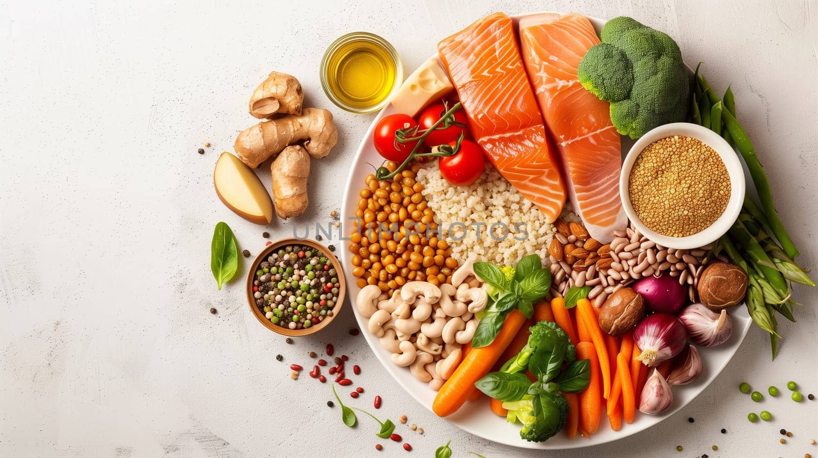 A balanced plate of food with lean proteins whole grain