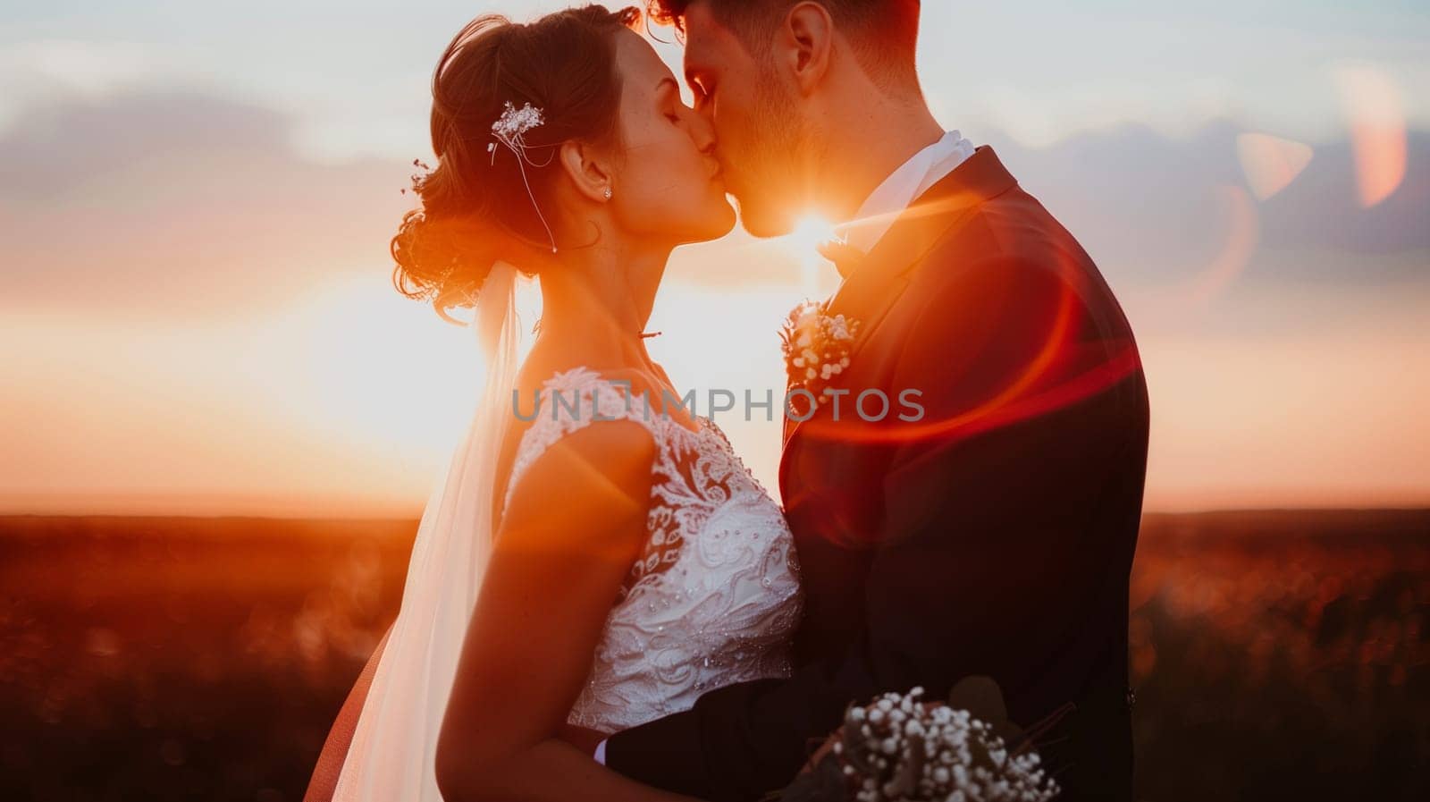 A bride and groom kissing at sunset