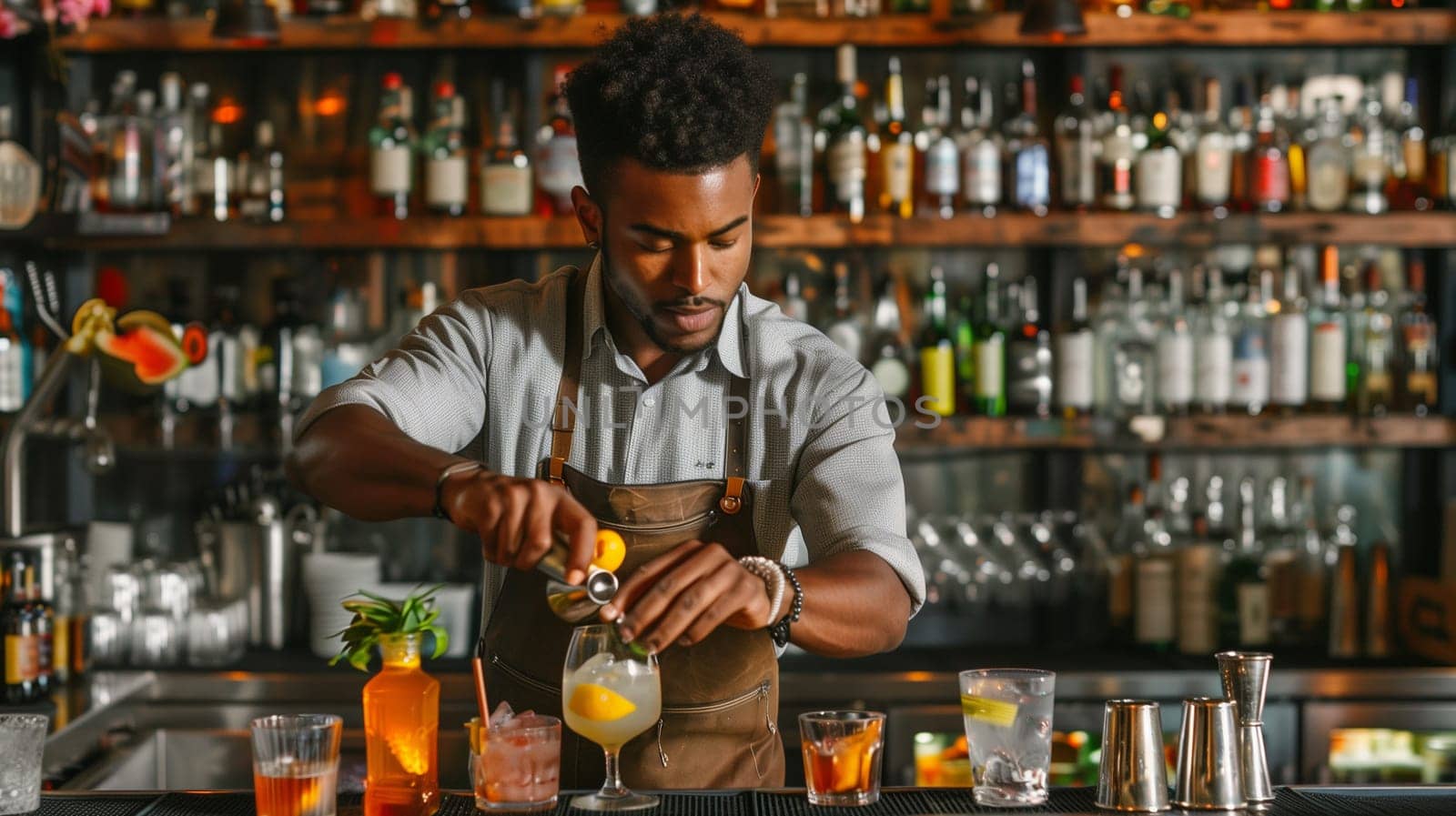A bartender mixing a cocktail in a chic bar