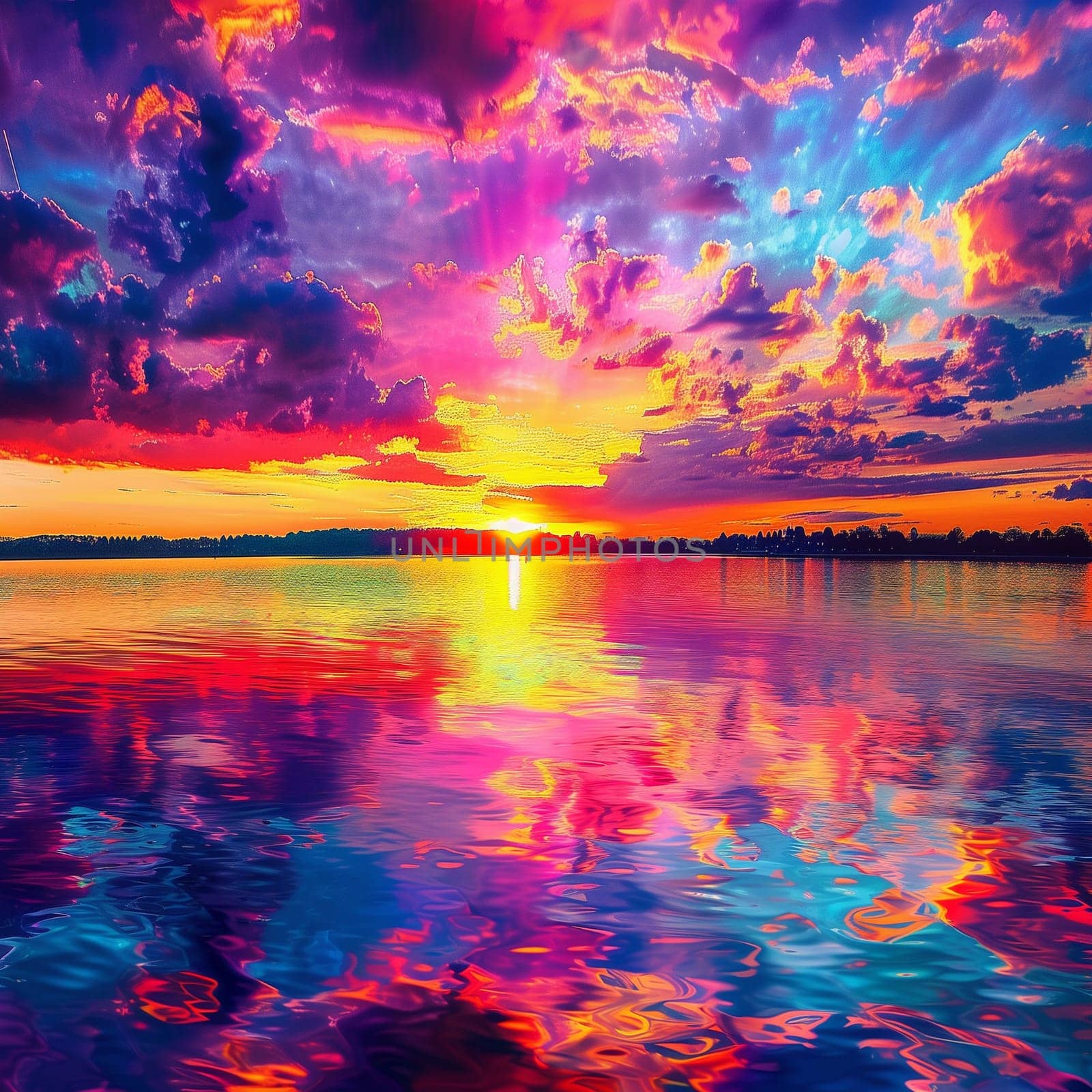 An image of a vibrant sunset over a serene lake, with colorful reflections shimmering