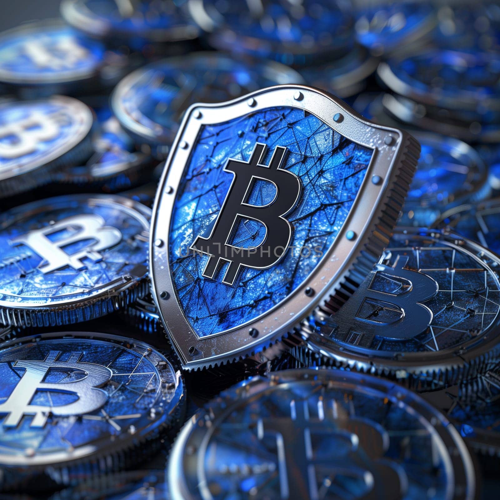 Blue metallic shield on a pile of Bitcoin coins with digital network connections