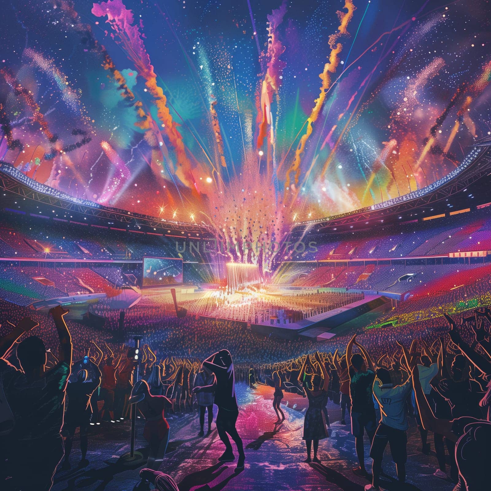 An artistic depiction of the opening ceremony of the 2024 Paris Olympics in the Stade de France. The stadium is filled with cheering spectators, colorful lights, and a grand performance featuring dancers and acrobats