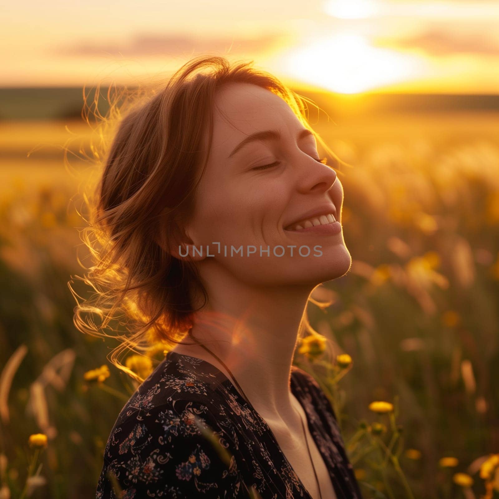 Backlit Portrait of calm happy smiling free woman with closed eyes enjoys a beautiful moment life on the fields at sunset