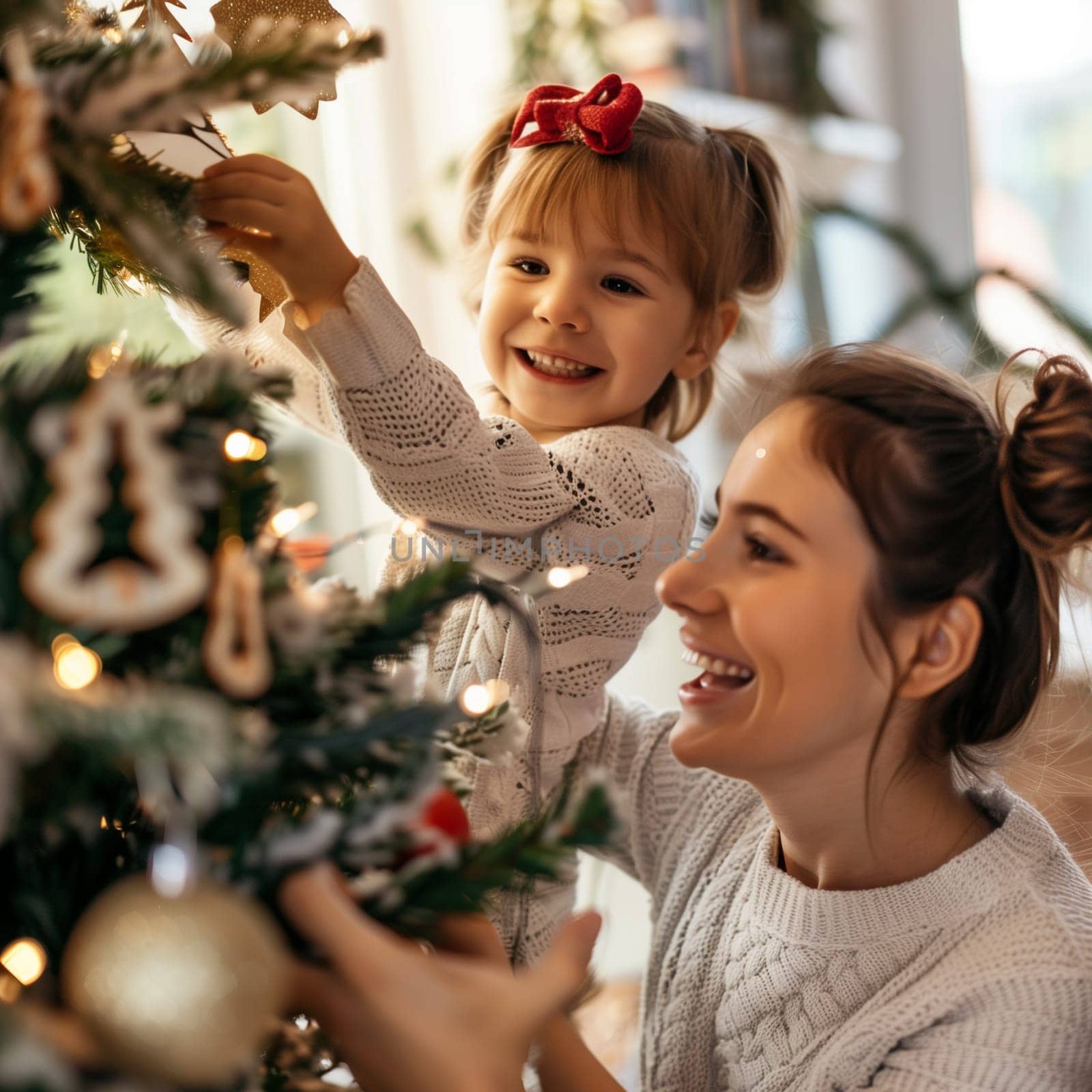 Happy parent helping their daughter decorate the house christmas tree , smiling young girl enjoying festive activities concept