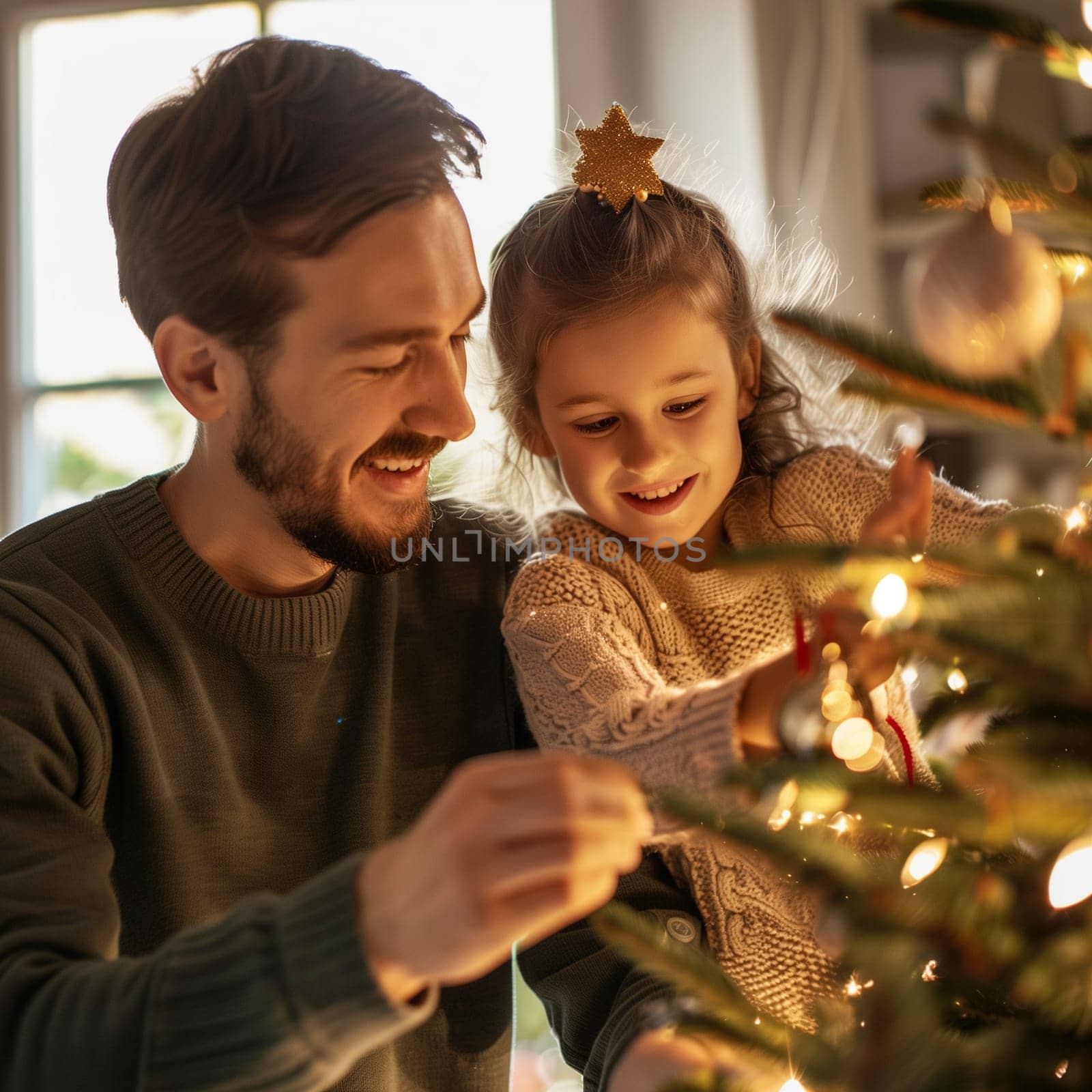 Happy parent helping their daughter decorate the house christmas tree , smiling young girl enjoying festive activities concept