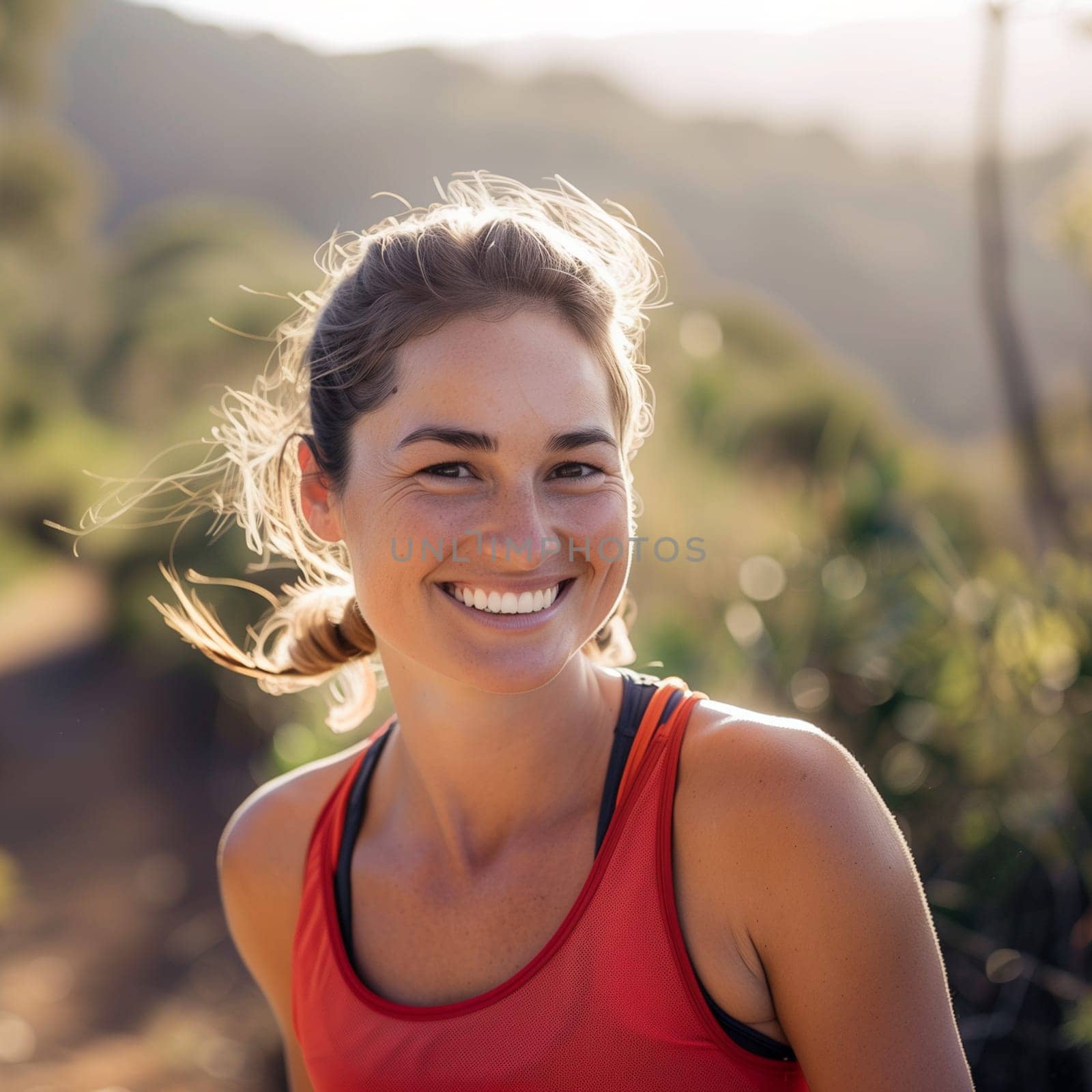 healthy woman with beautiful smile. trail running, marathon, triathlon running, outdoor nature