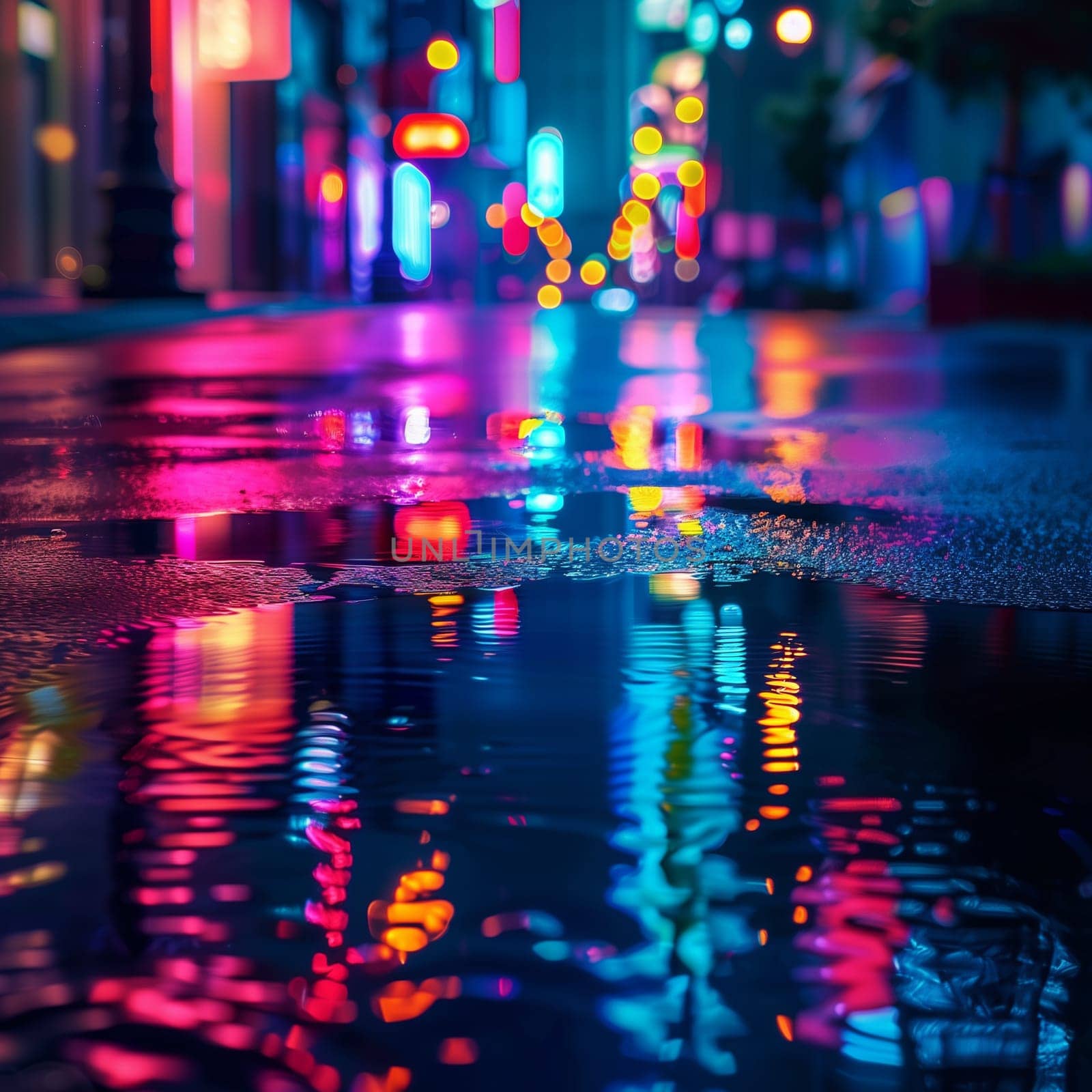 Multi-colored neon lights on a dark city street, reflection of neon light in puddles and water. Abstract night background, blurred bokeh light. Night view colorful