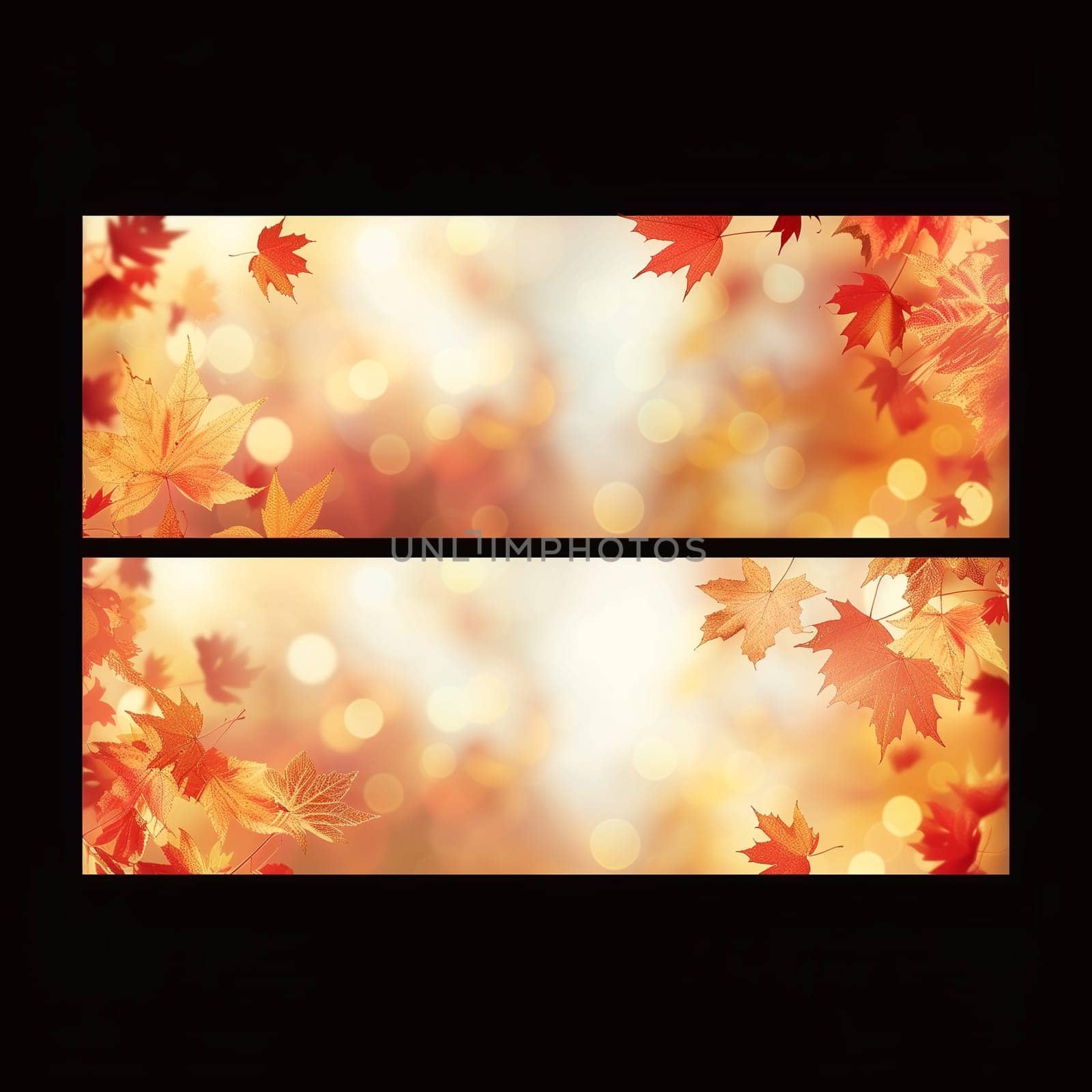 web banner design for autumn season and end year activity with red and yellow maple leaves with soft focus light and bokeh background