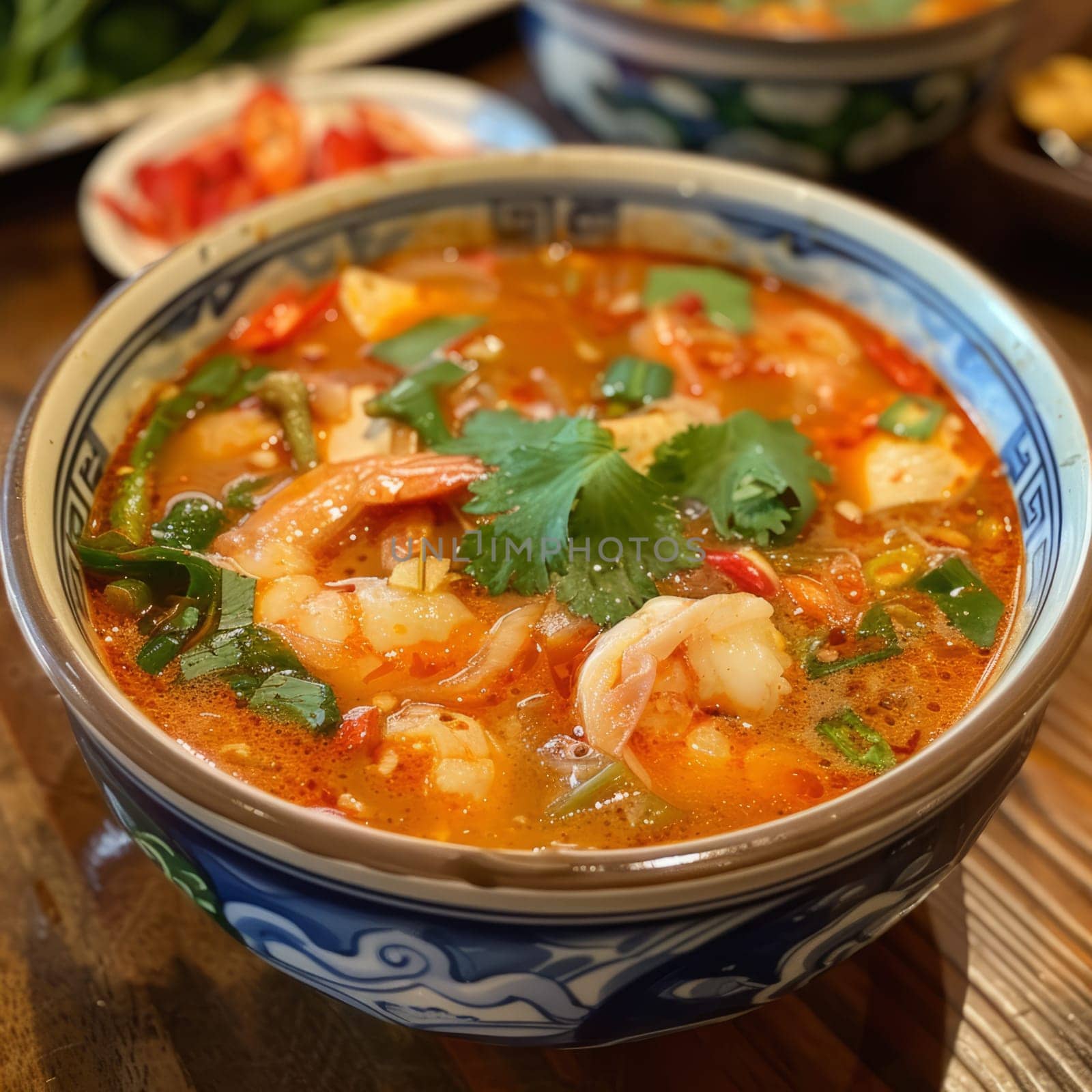 A vibrant bowl of shrimp tom yum soup with herbs, served on a wooden table
