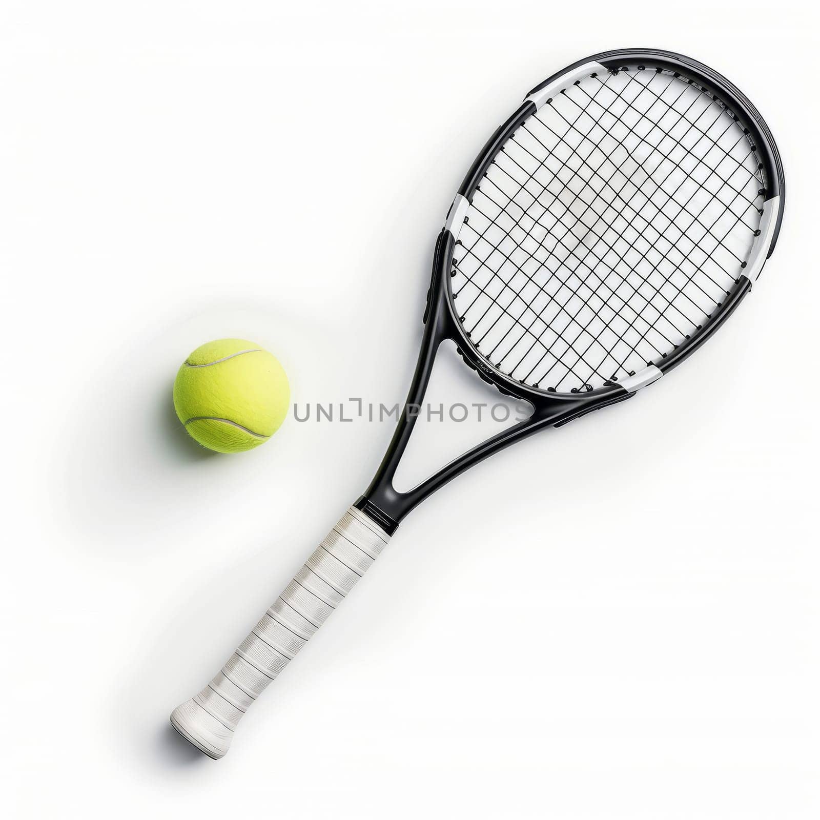 A tennis racket and ball on a white background, seen from above. Ideal for sports and leisure themes