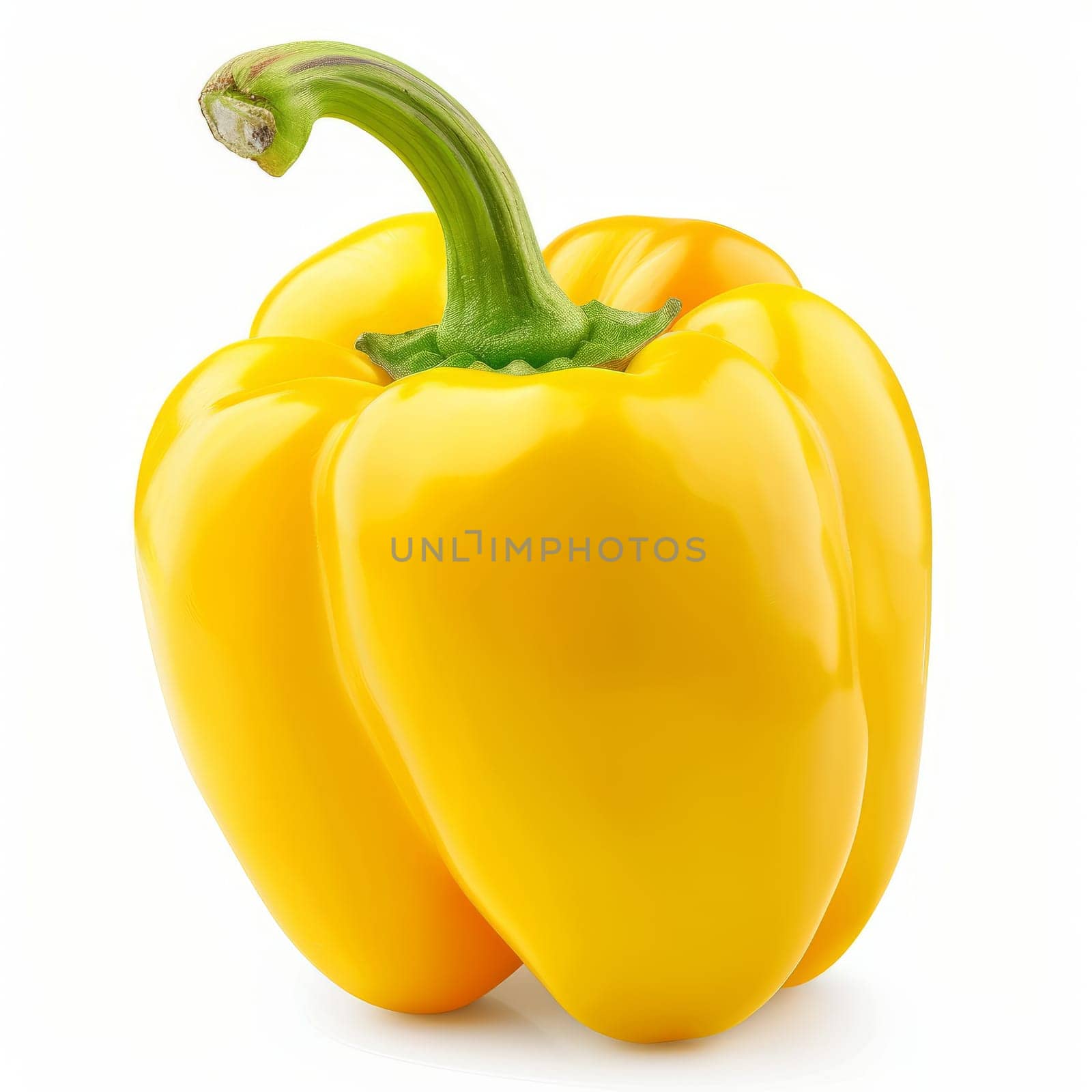 A vibrant yellow bell pepper with a fresh green stem, isolated on a white background