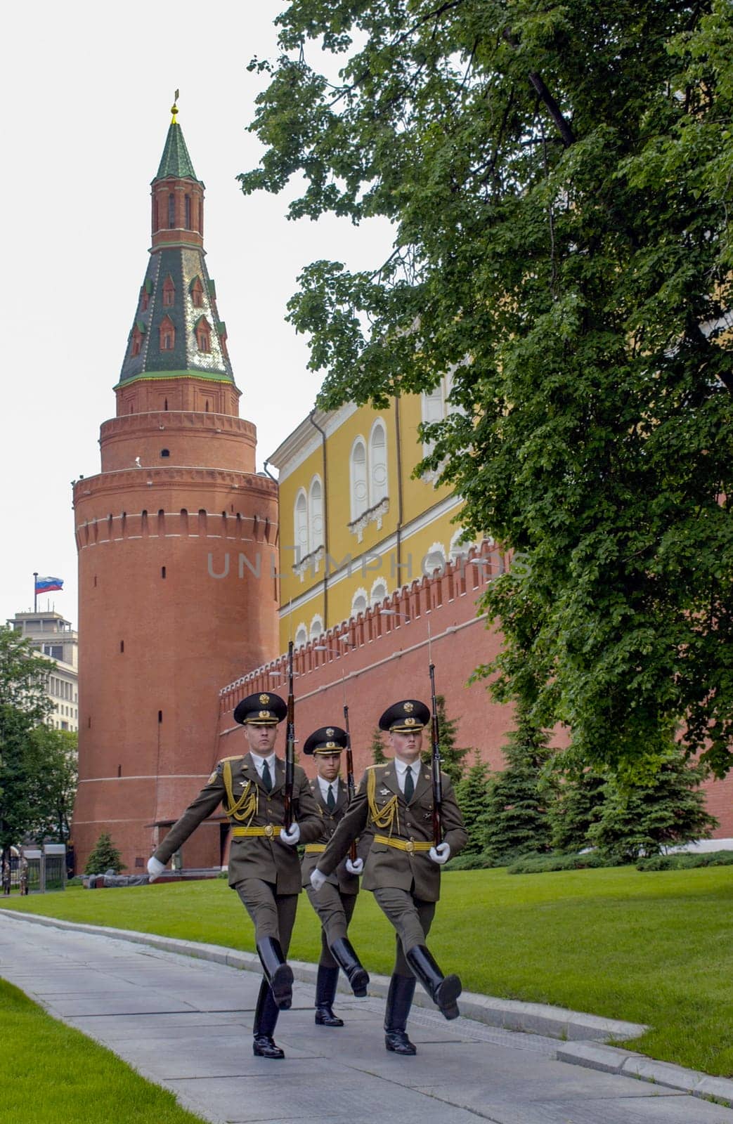 Russian soldiers marching at the Kremlin in Moscow in the Russian Federation.