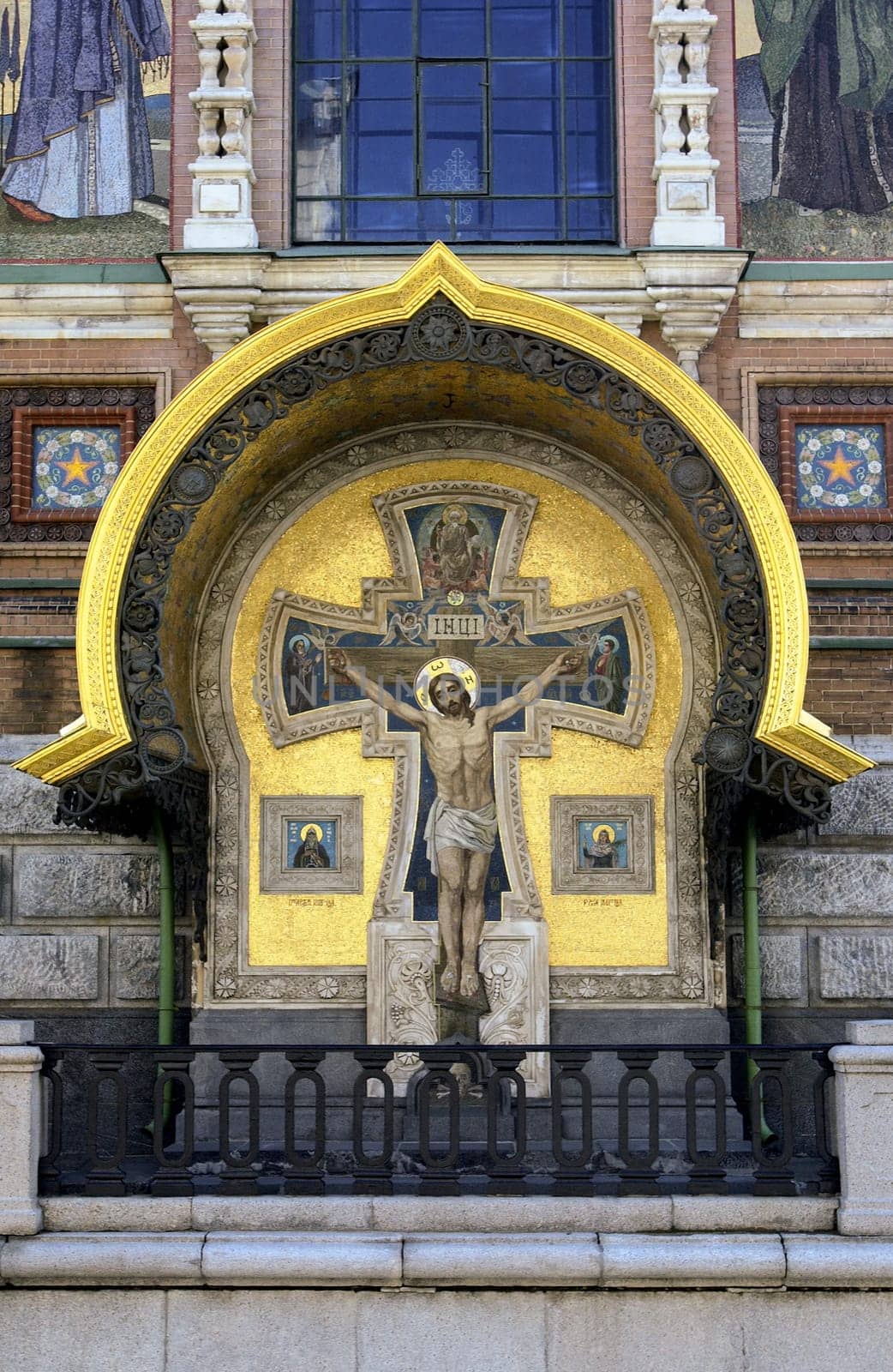 Shrine and crucifix at the Church of the Savior on Spilled Blood (Cathedral of the Resurrection of Christ) in St. Petersburg, Russian Federation.